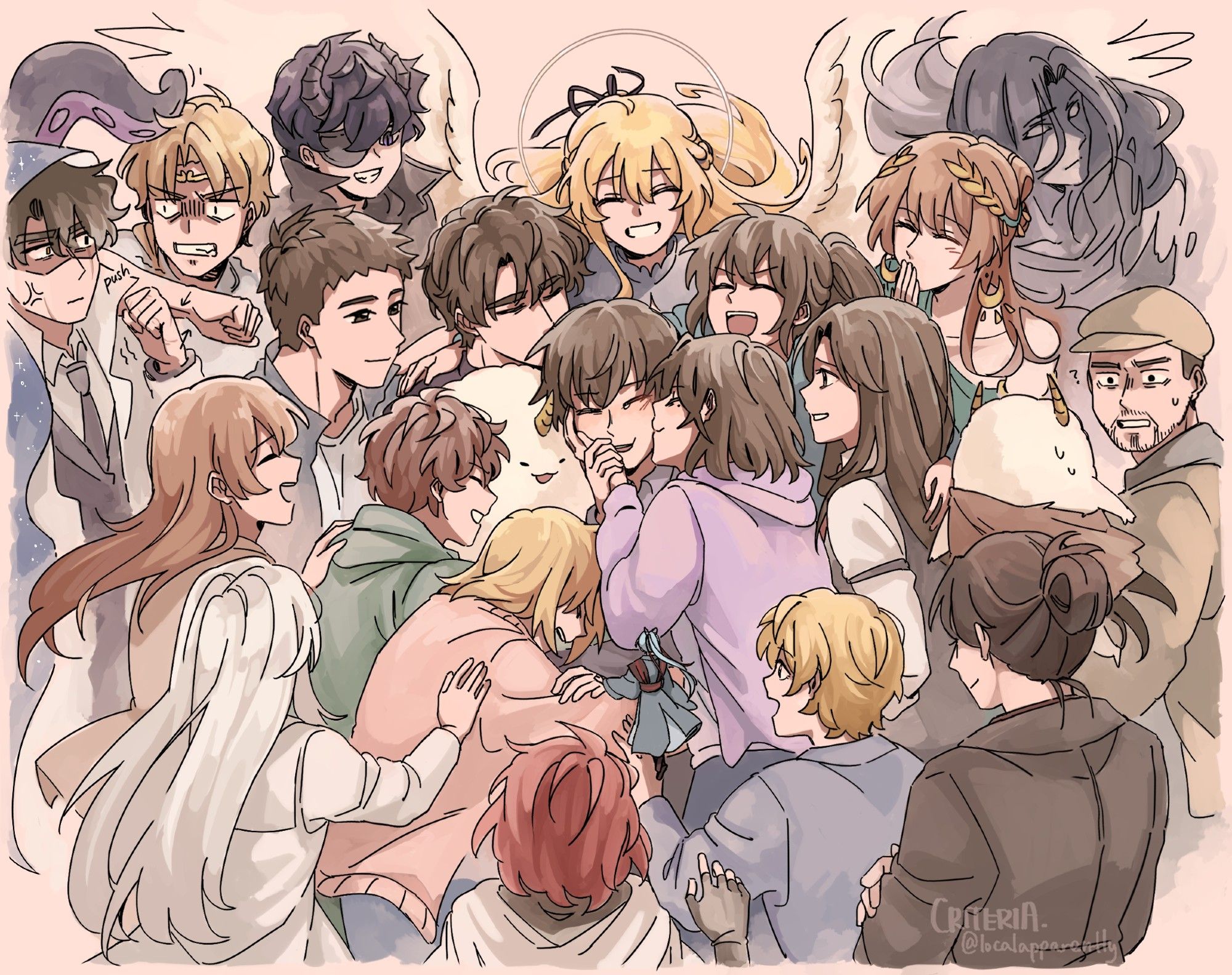 A colored artwork of characters from Omniscient Reader's Viewpoint. Members from Kim Dokja's Company, as well as several constellations and others, are crowded around Kim Dokja, wishing him a happy birthday.