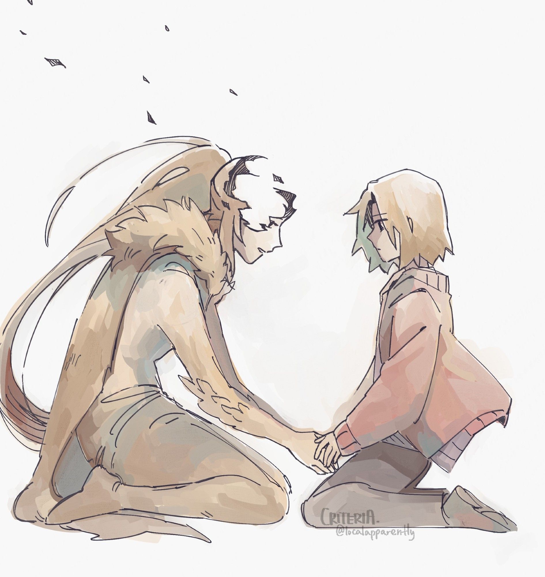 A colored artwork of Shin Yoosung of the 41st round and Shin Yoosung of the 3rd round in Omniscient Reader's Viewpoint. They are both knelt on the ground facing each other, and 3rd round Yoosung holds 41st round's hand as 41st round's fade crumbles and fades away.