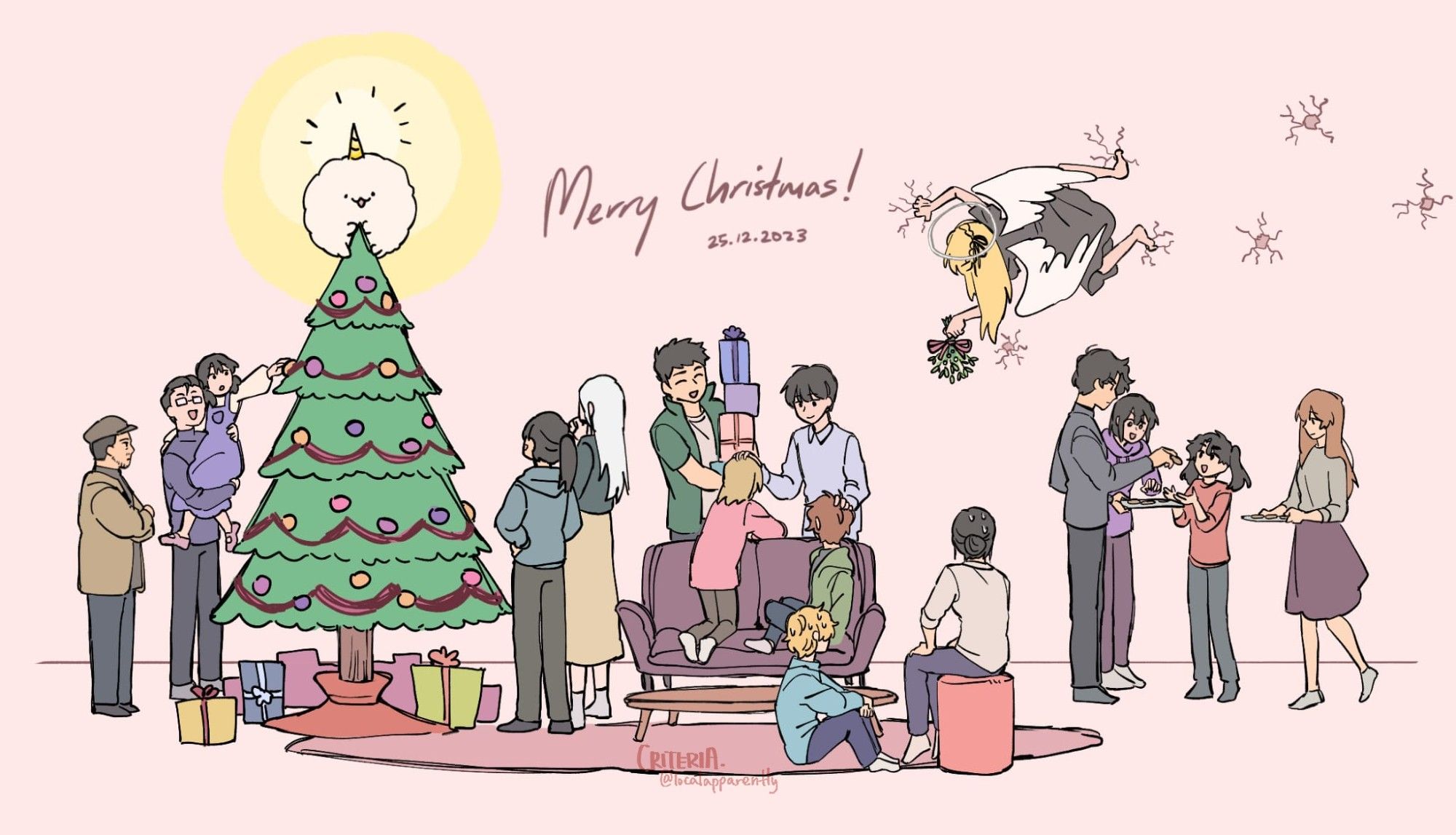 A colored doodle of the members of the Kim Dokja Company from Omniscient Reader's Viewpoint celebrating christmas together. The text in the middle reads "Merry Christmas!" "25.12.2023"

Gong Pildu is with Han Myungoh, who is lifting up his daughter so she can touch a christmas tree ornament. Biyoo is clinging to the top of the tree, making her horn glow like a star.

Lee Jihye and Lee Seolhwa stare at her with amusement. Shin Yoosung and Lee Gilyoung are on the couch, getting headpats from Kim Dokja, who stands behind the couch. Lee Hyunsung is next to Dokja holding a pile of presents.

Jang Hayoung is sat on the floor and Jung Heewon is on a stool. Both look in exasperation at Uriel who has climbed across the walls to hold a mistletoe between Dokja and Yoo Joonghyuk. Joonghyuk gives Yoo Mia a cookie from his cookie tray, and Han Sooyoung takes one for herself. Yoo Sangah walks into view with another cookie tray as well.