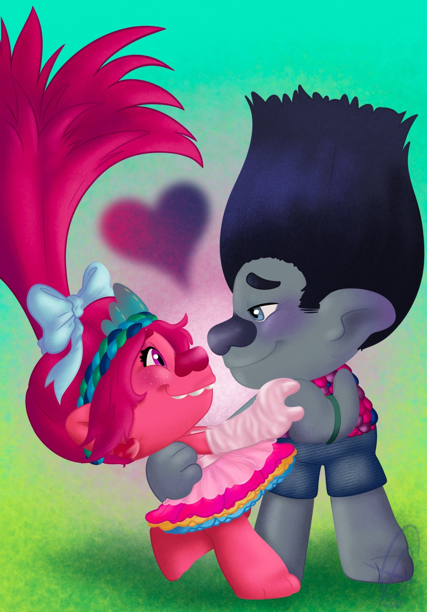 Branch and Poppy from Trolls dancing together with a heart between them