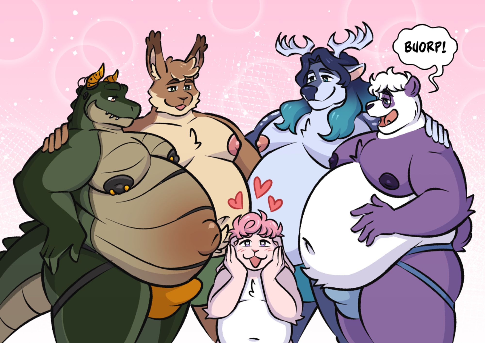 My bunny sona, Benny (pink chubby bunny with a white belly and curly hair) with his hand on his cheeks, dreamy eyes and hearts above his head, being surrounded by big bellied men. From left to right we have:  - Flux, pregnant gator with a big outie, pierced nipples, a golden jockstrap and gold horn shaped hearing aids  - Mocha, big musclegut brown bunny with a cream colored belly and fluffy ears and hair, wearing a green jock  - Kaden, blue fat deer with long dark blue luscious hair with a teal ombre, wearing a teal jock.  - Crumby, fat panda with purple markings instead of black, round glasses and fluffy hair, burping and wearing a light blue jock