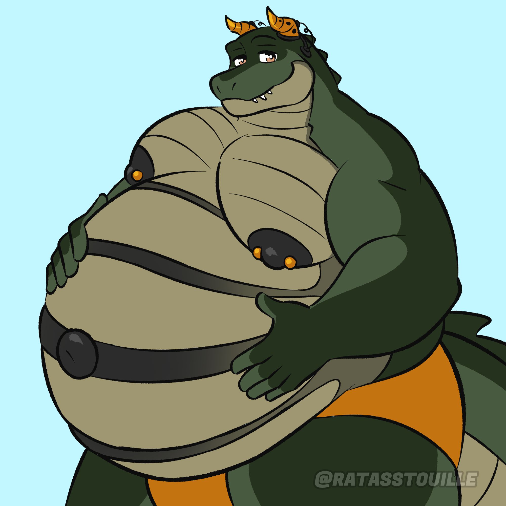 Big pregnant gator with a musclechub build, rubbing his belly while looking at the viewer. He has golden hearing aids shaped like horns, golden nipple piercings and a golden speedo. The plates on his belly are separated from how stretched it is and he has a big outie belly button as well.