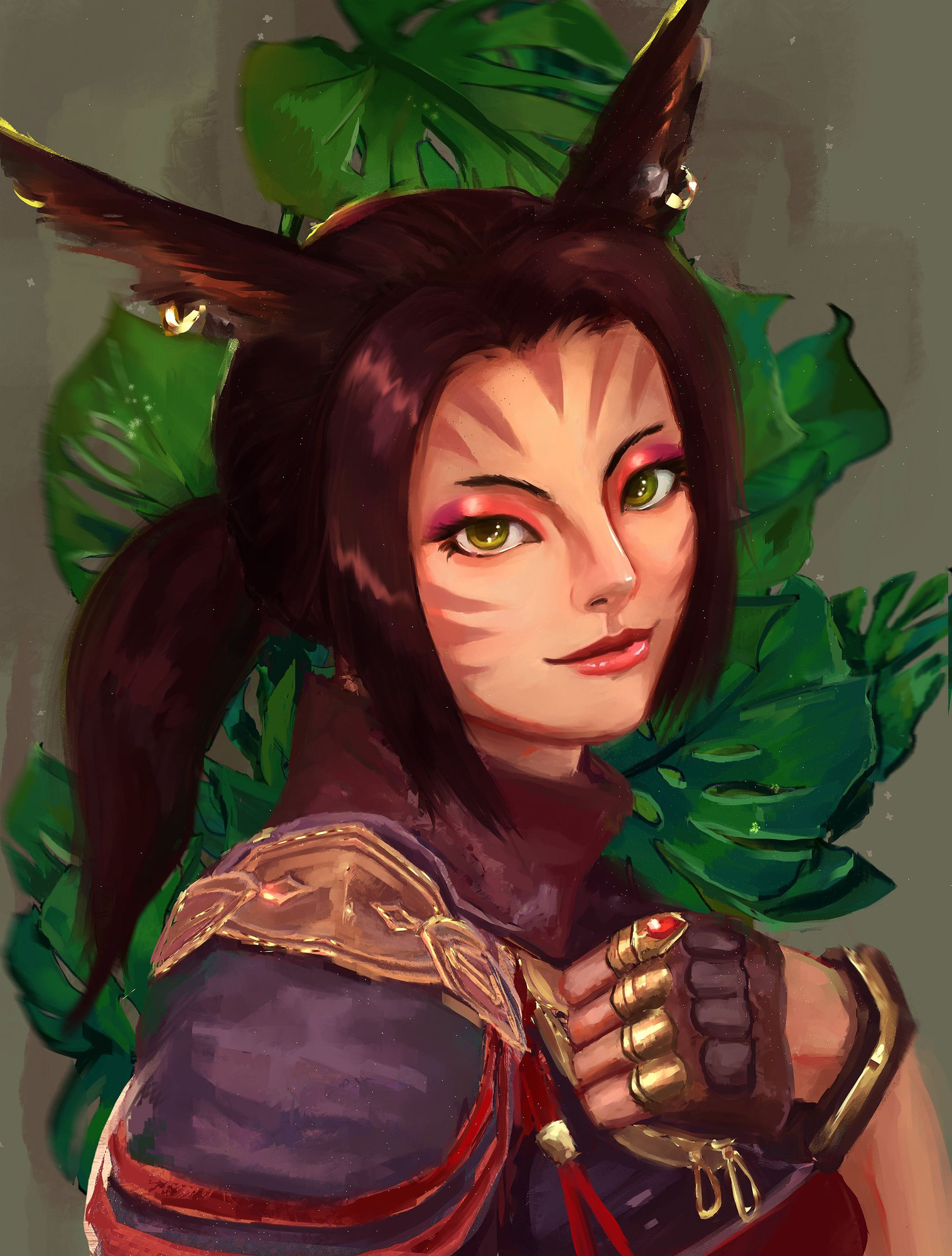 Lena, a brown-haired miqo'te with long ears, pale skin, and green eyes, poses demurely for the viewer. Her hand is a loose fist upon her breast.