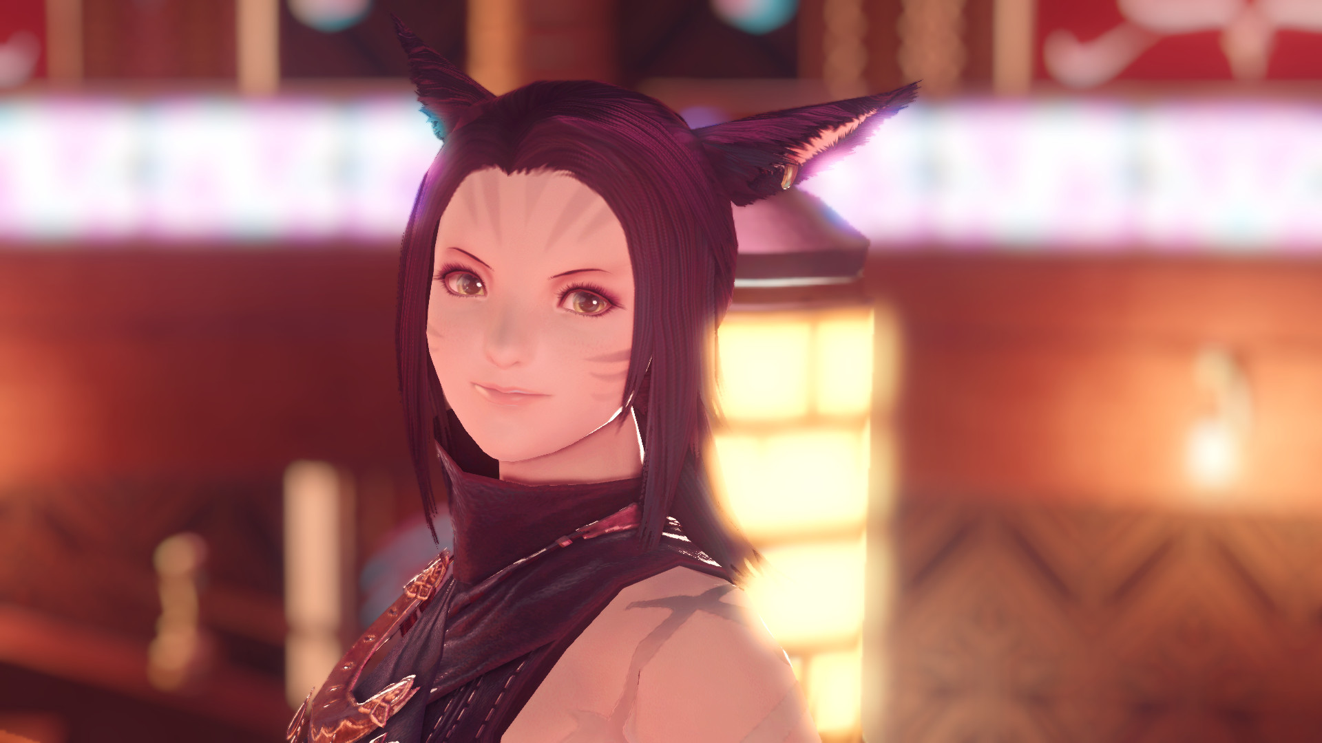 Lena smiles softly at the camera with a myriad of brown and gold tones of the Gold Saucer surrounding her.