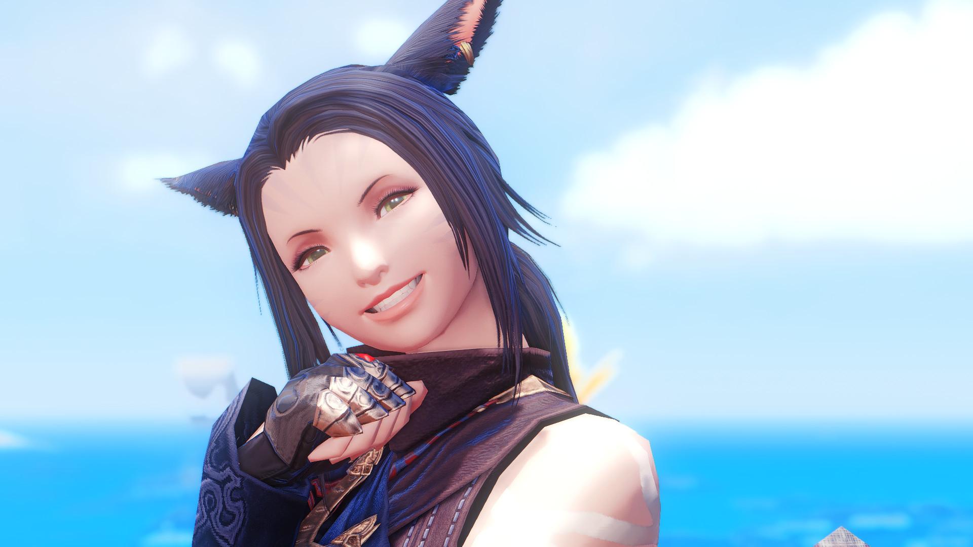 Lena, a brown-haired miqo'te with her hair tied back, is smiling warmly with her teeth at the camera, her fist poised under her chin. The bright blue sea and sky are in the background behind her.