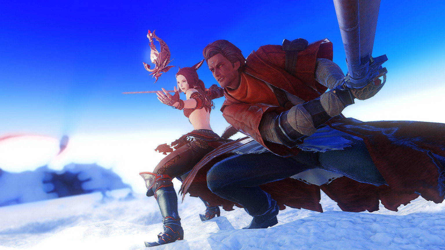 Lena and Gaius Baelsar face off against an enemy offscreen on the white sands of the Burn.