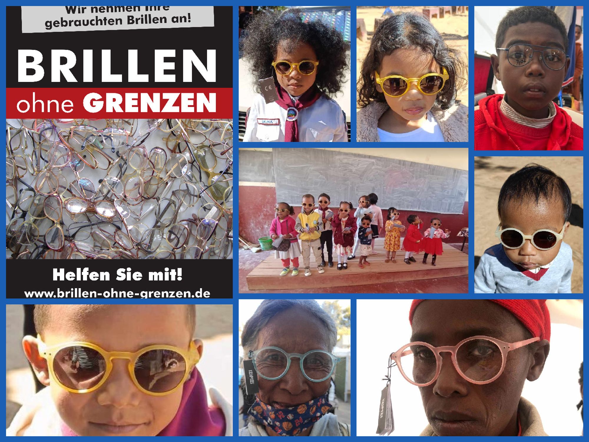 Collage aus einem Plakat von Brillen ohne Grenzen und Fotos von Kindern und Jugendlichen mit gespendeten Brillen. Das Platkat zeigt eine Haufen gespendeter Brillen, die Domain und den Aufruf "Helfen Sie mit".