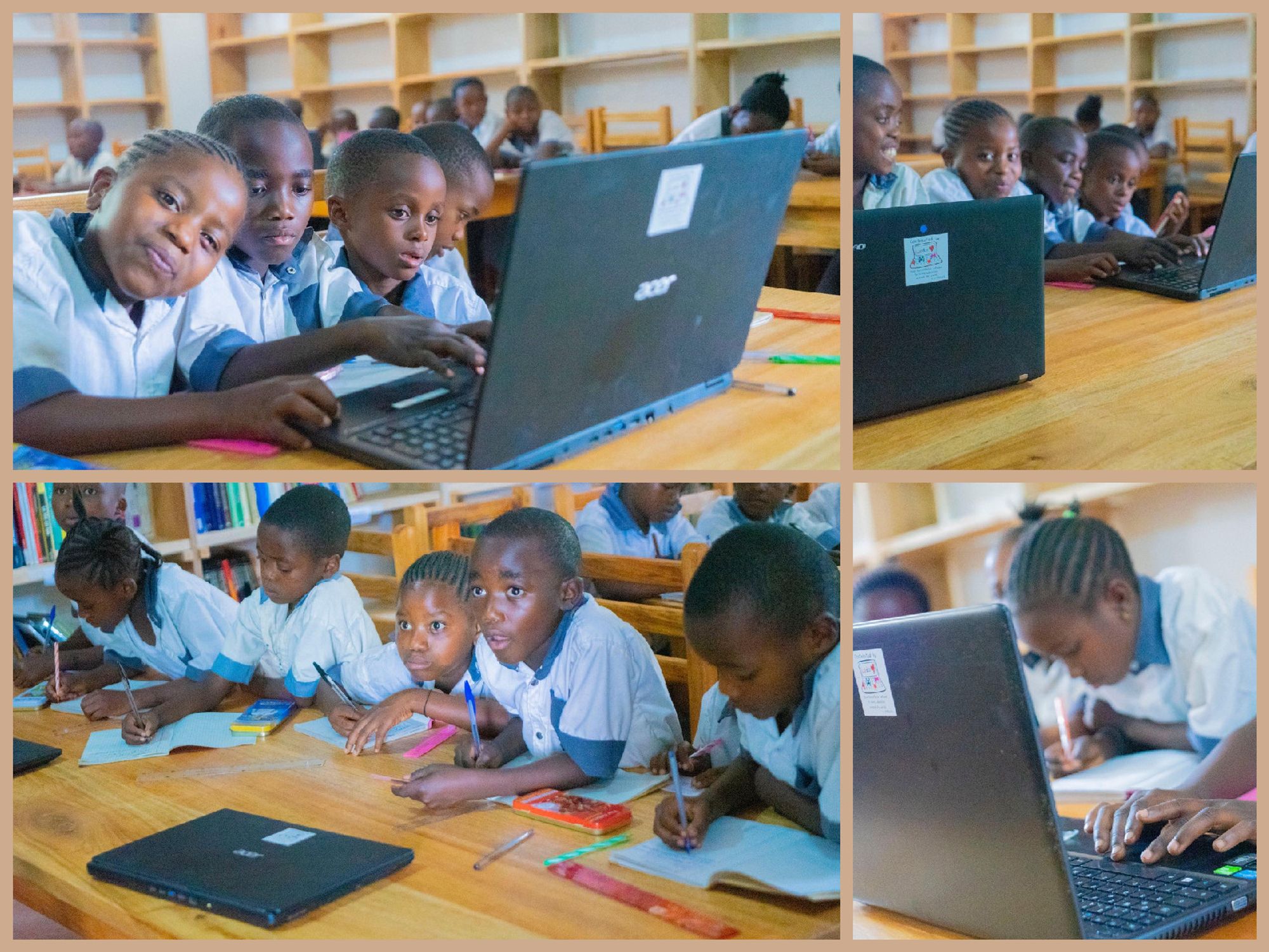 Eine Collage aus 4 Fotos. Alle zeigen einen Raum mit Holztischen, Stühlen und Regalen im Hintergrund. An den Tischen sitzen Jungen und Mädchen im Alter von ca. 10 - 12 Jahren.
Teils sind die Laptops aufgeklappt und die Kinder nutzen sie. Teils sind die Laptops zugeklappt und die Schüler machen sich in Heften Notizen.
Die Kinder sind aufgeweckt, schauen lächelnd in die Kamera oder konzentriert vorne zum Lehrer.