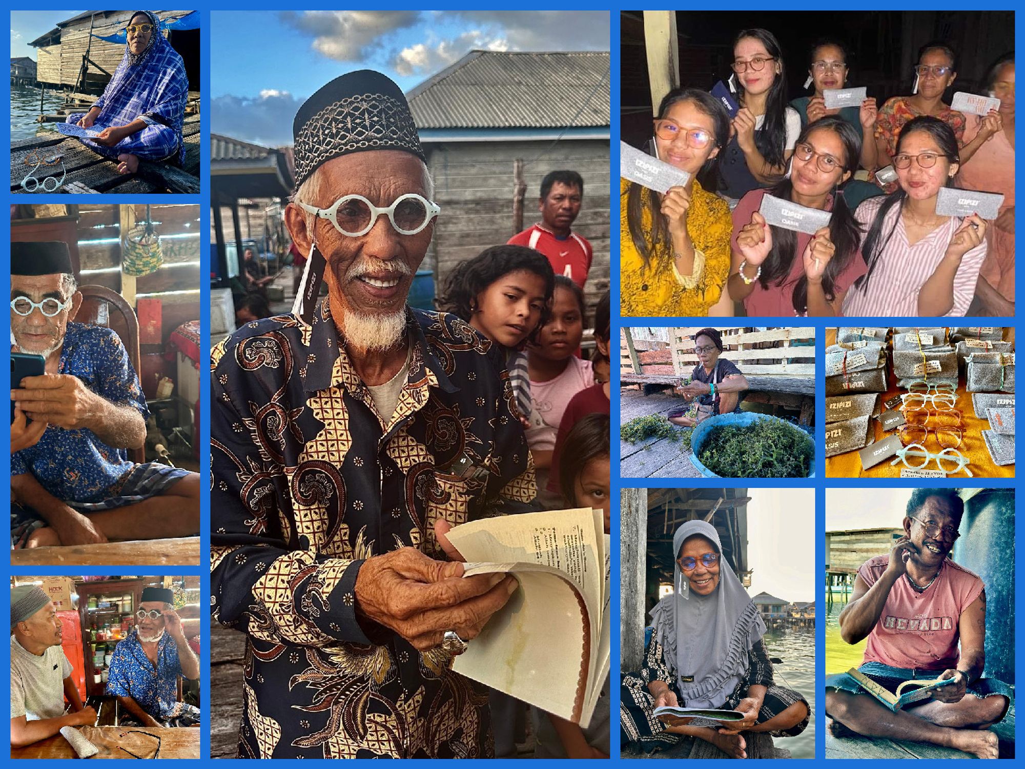 Collage aus mehreren Fotos aus Indonesien, die die Verteilung und Nutzung der gespendeten Brillen zeigen. Eins zeigt eine Gruppe jüngerer Frauen, andere ältere Personen. Ein Mann schaut aufs Handy, eine Frau putzt Gemüse, eine Frau liest. Alle freuen sich über die Brillen.