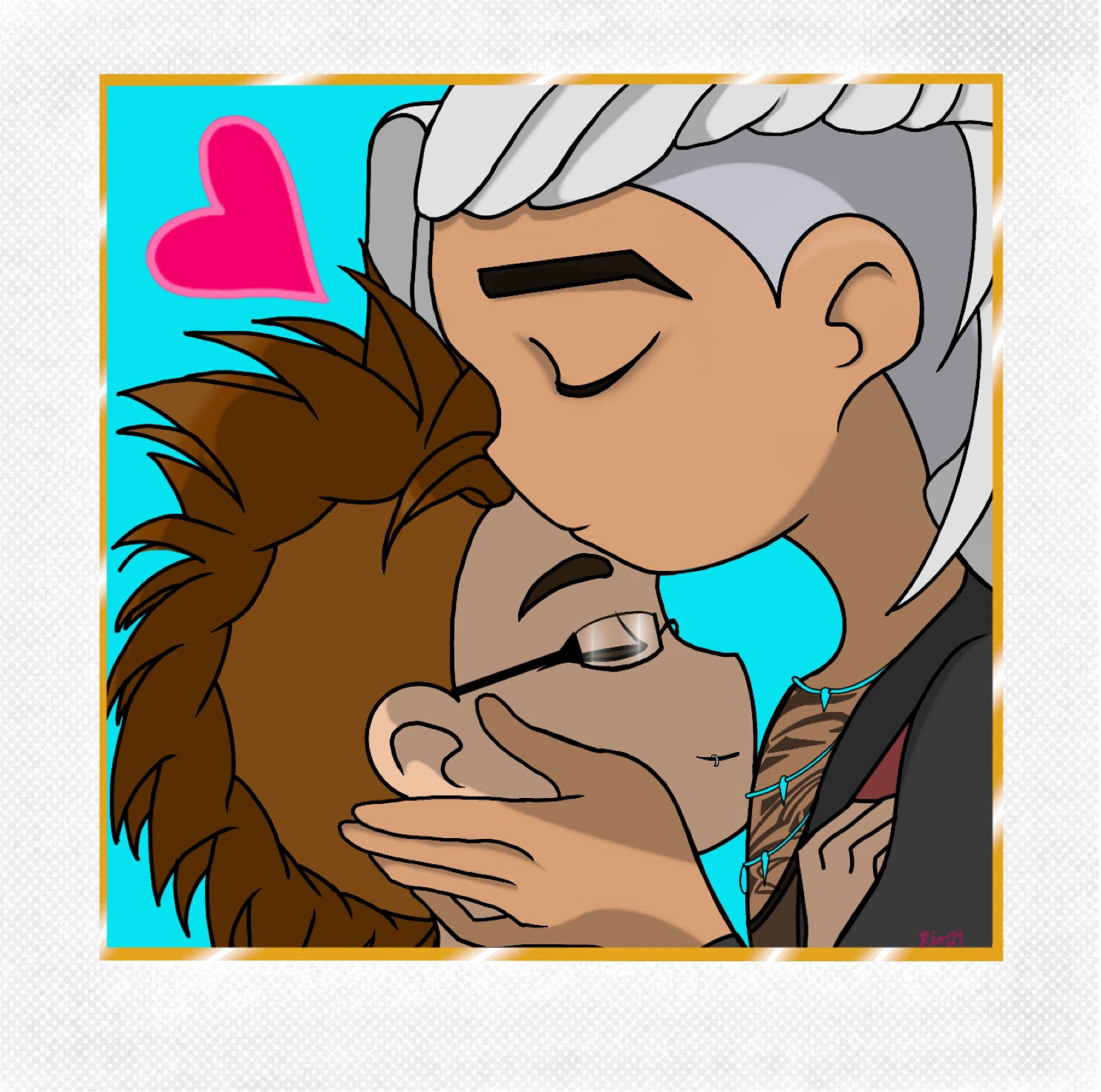 A digital drawing depicting Kado Thorne as a chibi softly kissing the forehead of my oc Ravi as he snuggles close. On a light blue background with a pink heart floating over their close heads. A golden boarder frames the picture, making it look like a polaroid picture. 