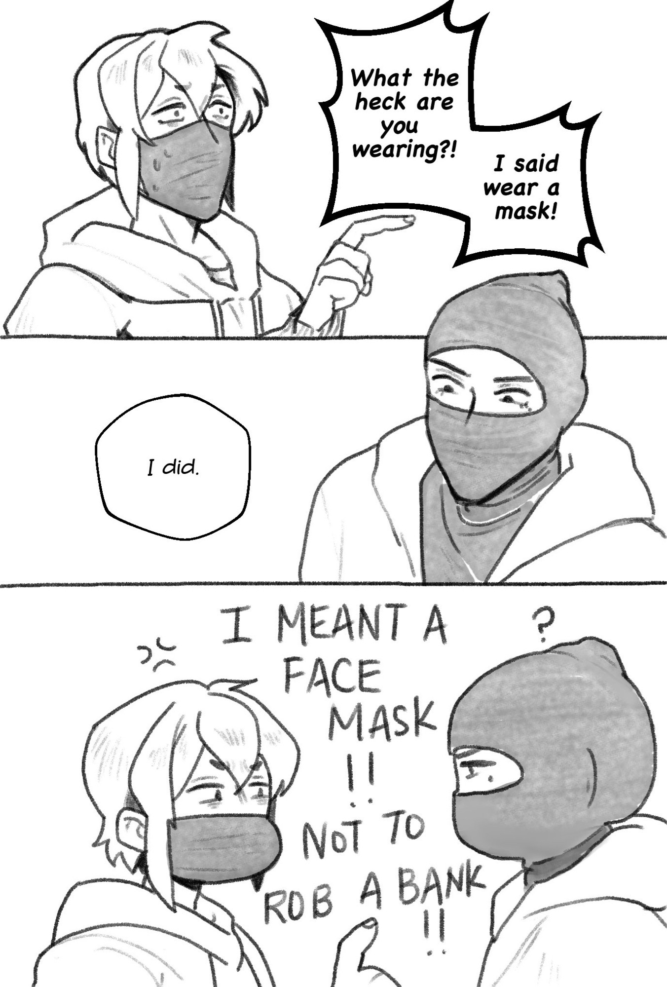 Shang Qinghua is wearing a face mask and going, “wtf!” to Liu Qingge who is wearing a ski mask which covers his entire head except his eyes. SQH proceeds to say, “I meant a face mask, not to rob a bank!!”