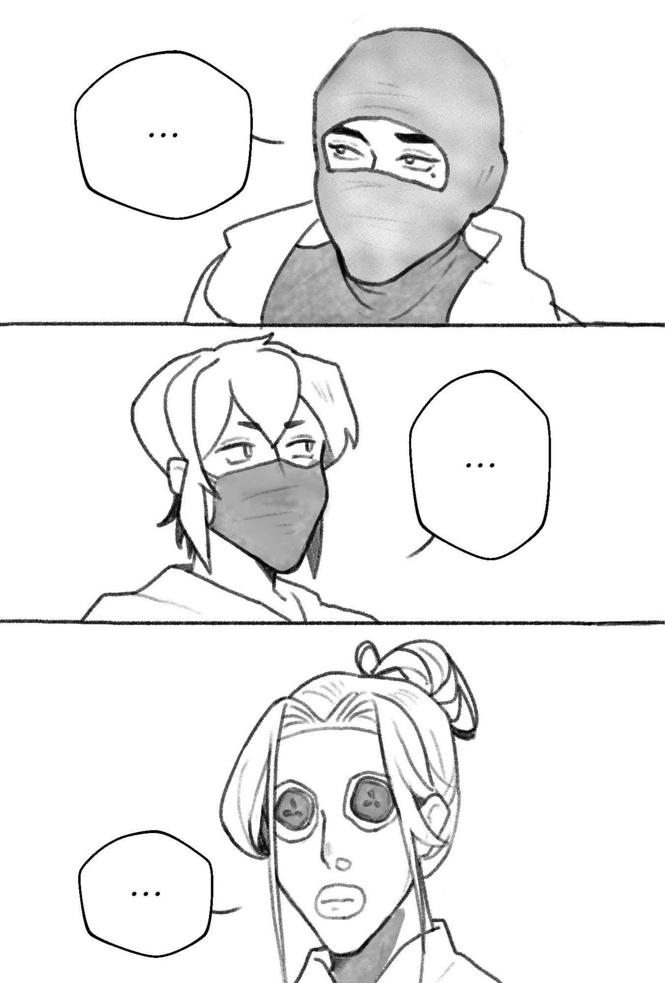 Liu Qingge glances off camera. Shang Qinghua glances off camera. The last panel is of Shen Yuan, or Shen Qingqiu, wearing a mud mask with cucumbers on his eyes staring back.