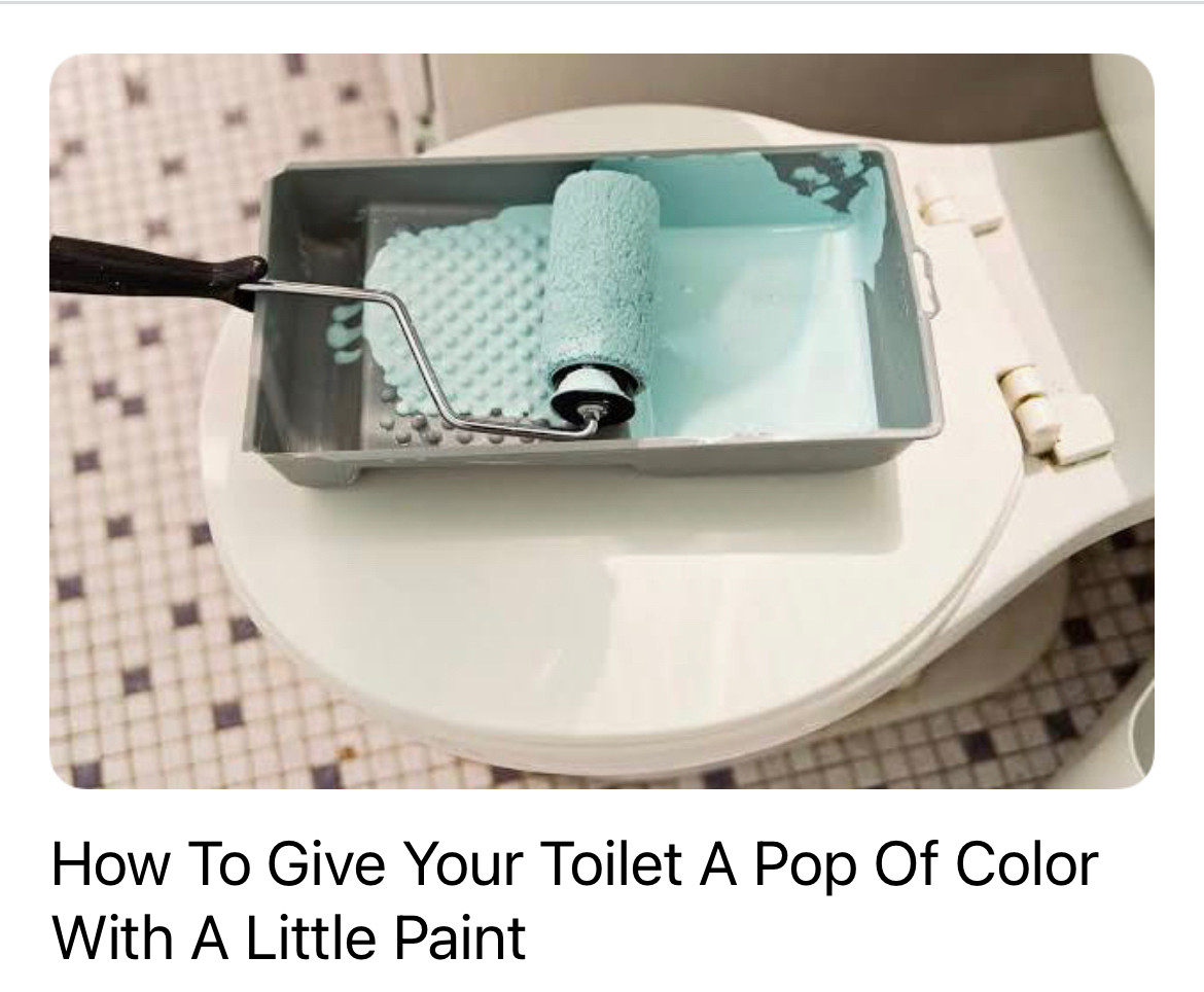 Picture of a toilet with a paint tray and roller on the closed lid. The paint color is a pale blue-green shade. Text in the headline reads “How to give your toilet a pop of color with a little paint.”