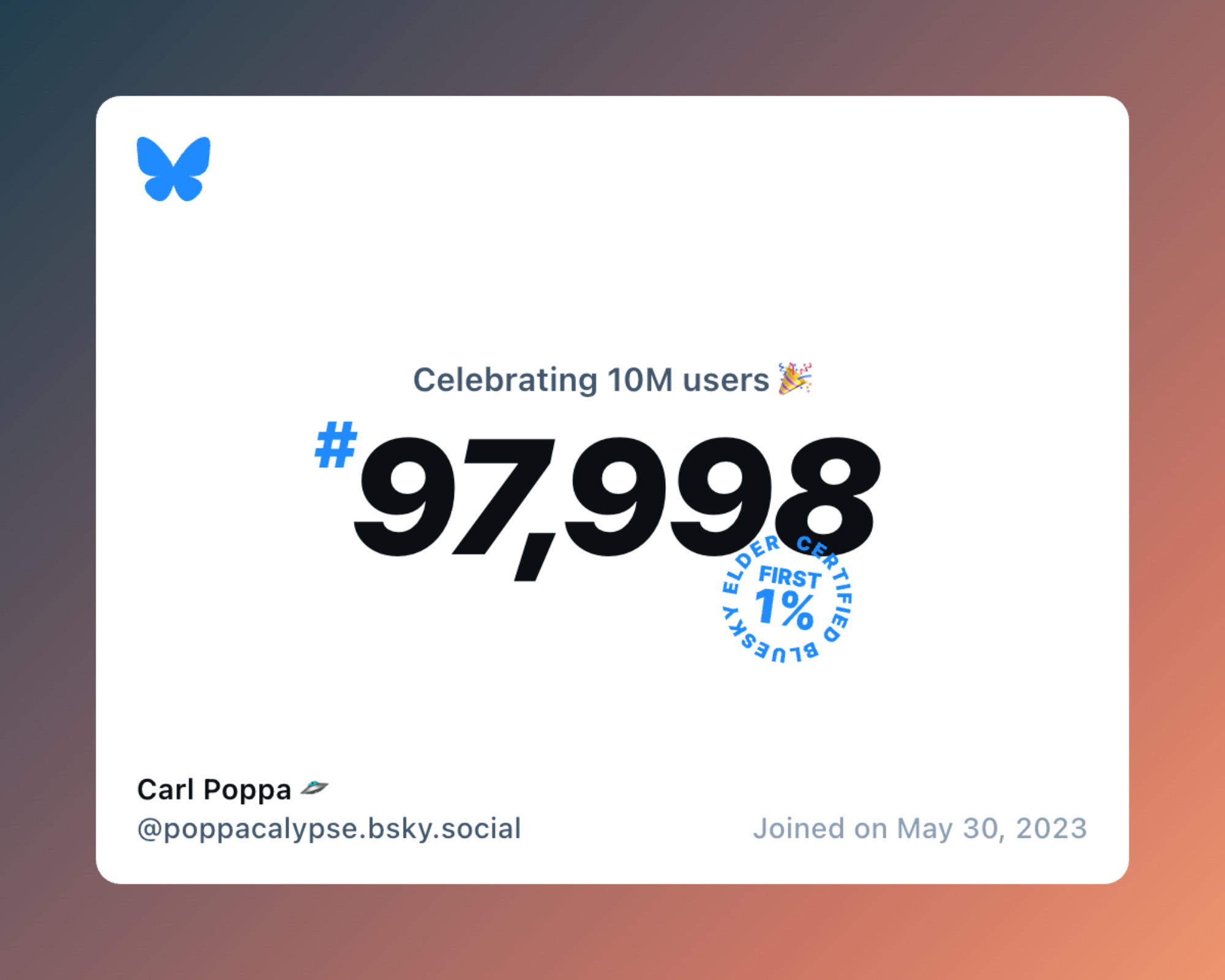 A virtual certificate with text "Celebrating 10M users on Bluesky, #97,998, Carl Poppa 🛸 ‪@poppacalypse.bsky.social‬, joined on May 30, 2023"