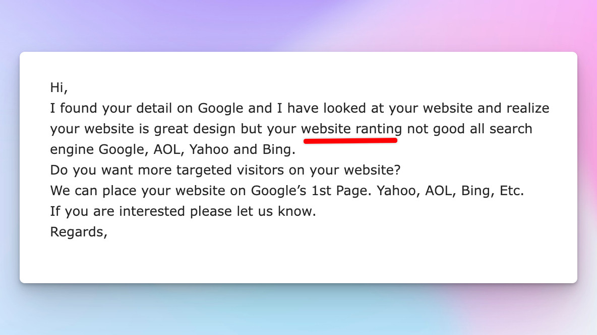 Hi,

I found your detail on Google and I have looked at your website and realize your website is great design but your website ranting not good all search engine Google, AOL, Yahoo and Bing.

Do you want more targeted visitors on your website?

We can place your website on Google’s 1st Page. Yahoo, AOL, Bing, Etc.

If you are interested please let us know.

Regards,