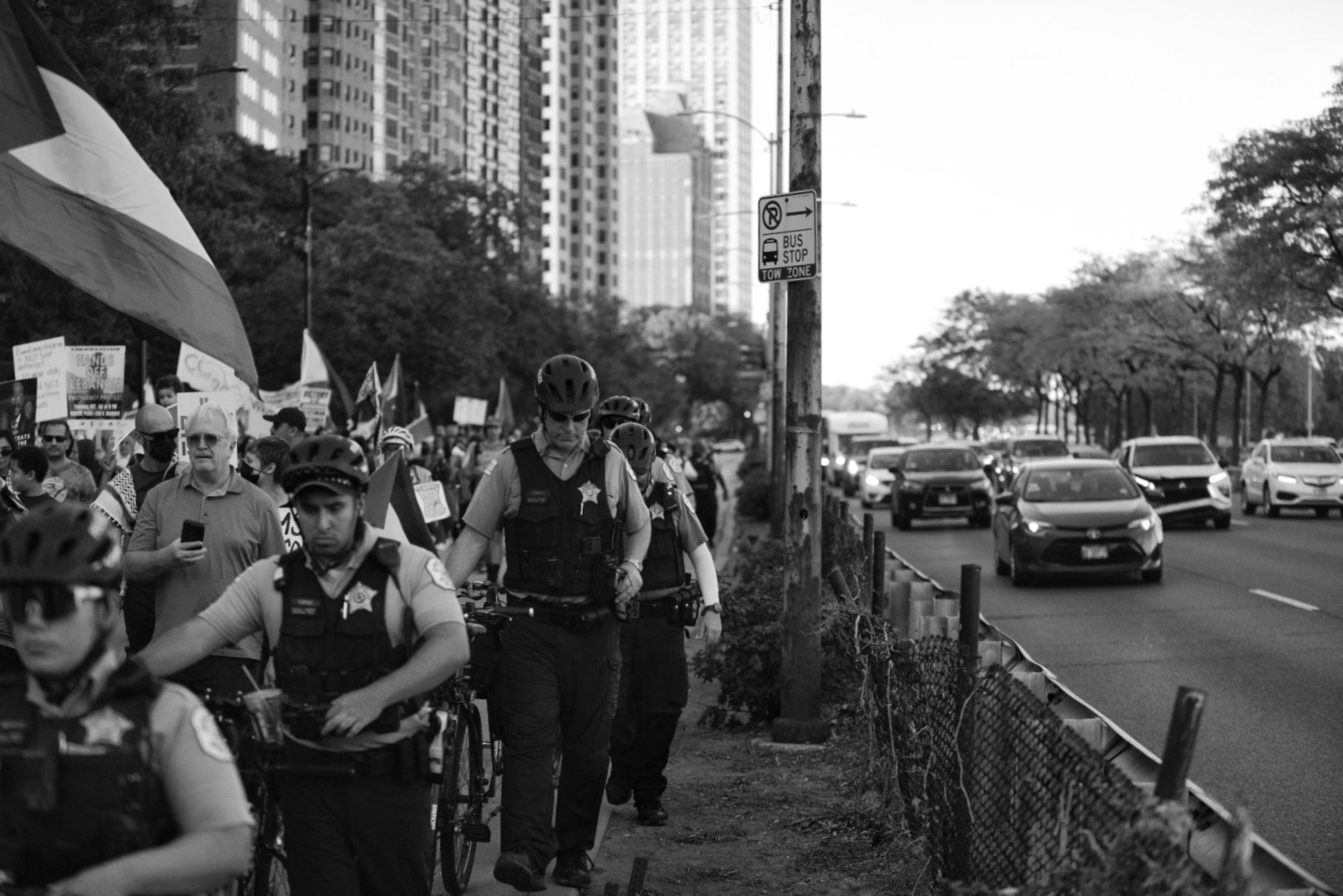 Protesters flanked by CPD bike team on one side of fence, high speed traffic on LSD on the other