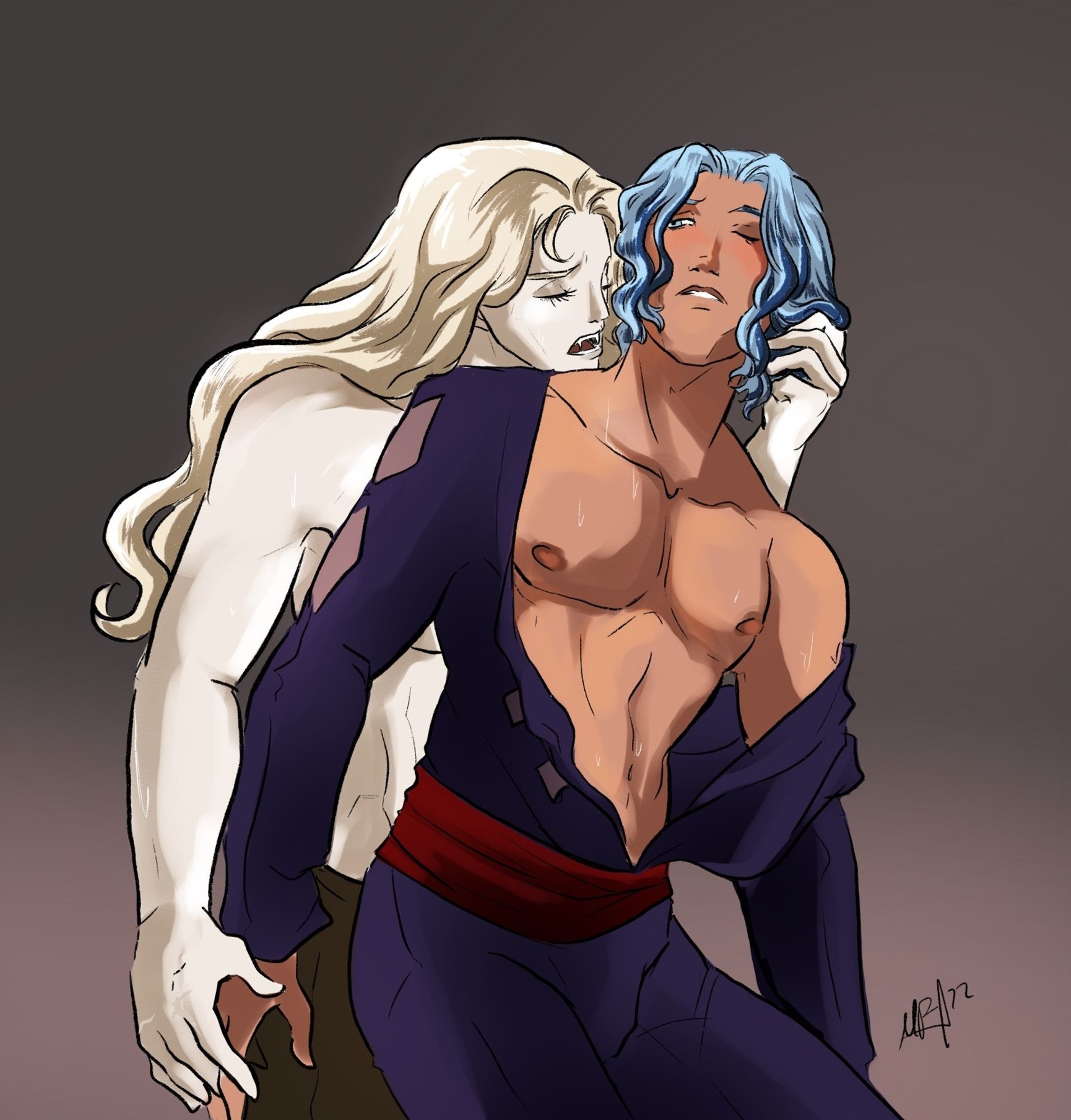 Pic of shirtless Alucard trying to bite Hector's neck. Hector is barechest, and Alucard and Hector's hands are gently touching