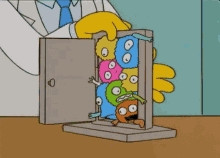 Gif de la escena de los Simpson donde el doctor pone un montón de peluches chiquitos intentando pasar a la vez por una puerta también chiquita