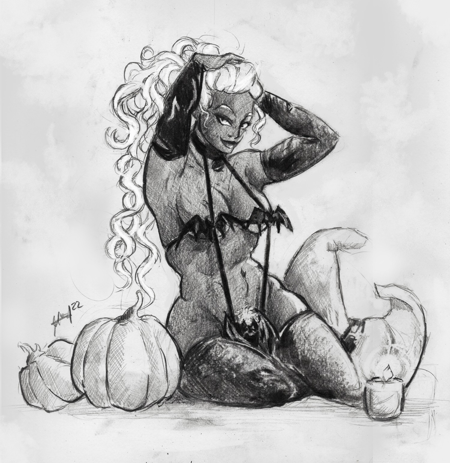 A Lilith pencil pic, almost naked, with pumpkins and a with hat near to her