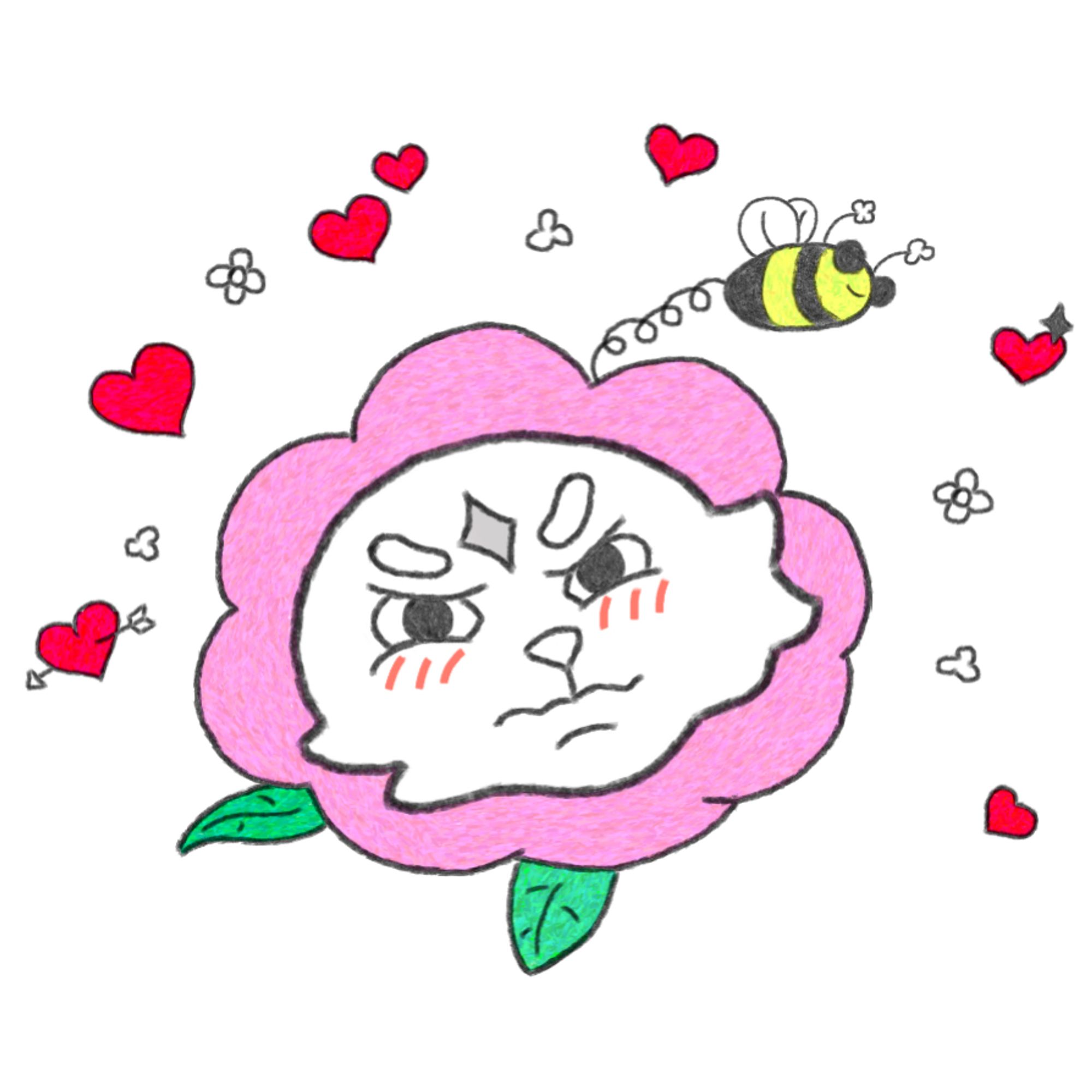 Nyp wearing a pink flower hat, there is a funny bee and lots of tiny flowers and hearts, the babiest of them all!