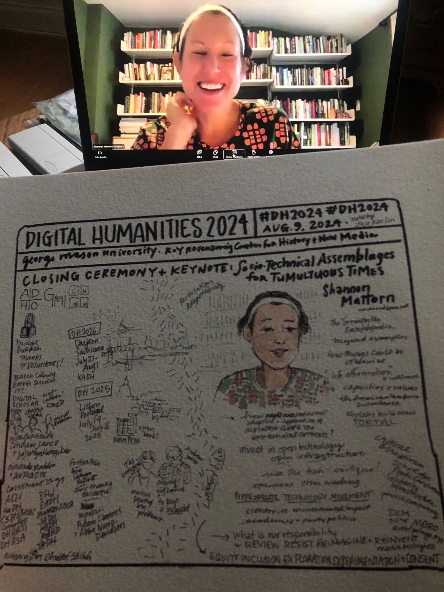 Drawing held in front of Zoom screen with Mattern’s smiling face (closing ceremony and keynote of DH2024)