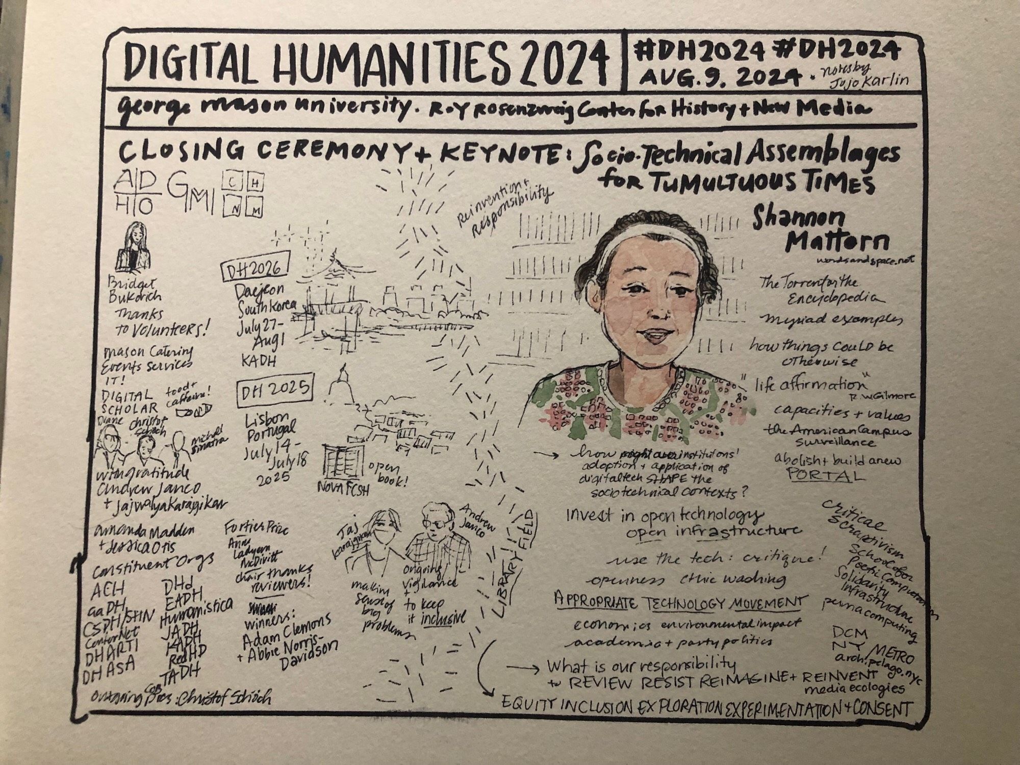 Pen and watercolor portrait of Shannon Mattern amidst scribbles of notes about the closing ceremony and keynote of DH2024