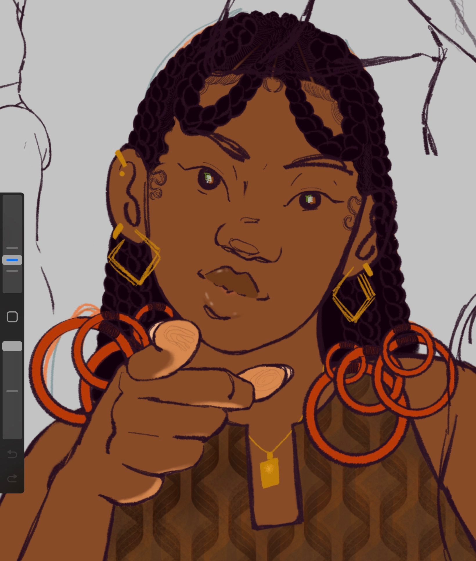 character with braids is pointing at viewer