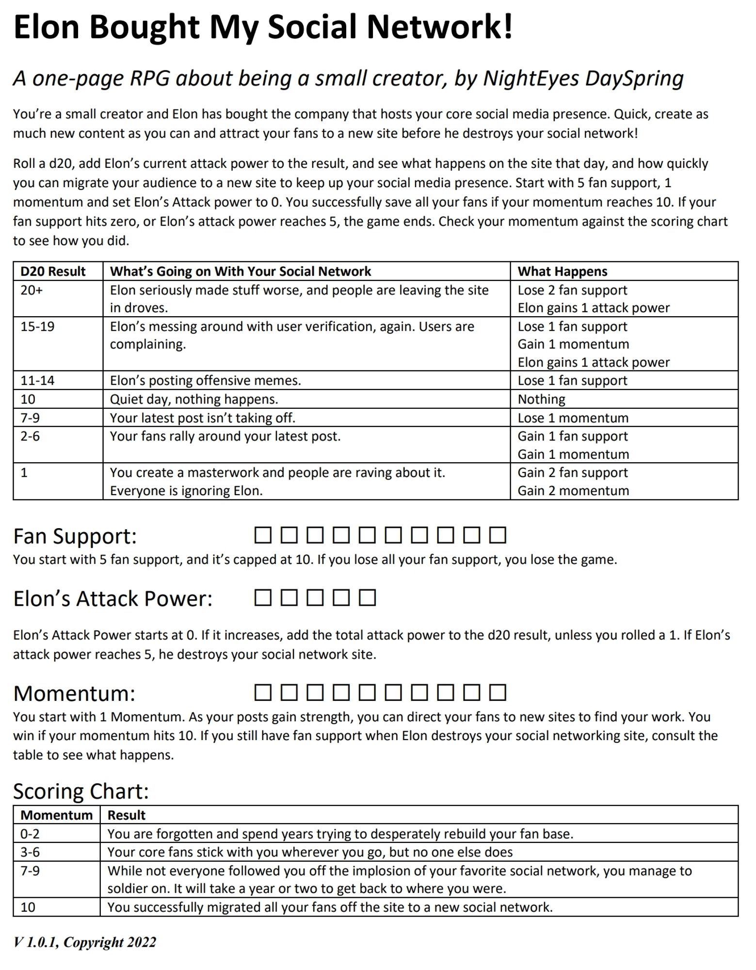 Visual copy of the one page RPG. You can download a PDF here. https://www.patreon.com/posts/74386966?utm_campaign=postshare_creator