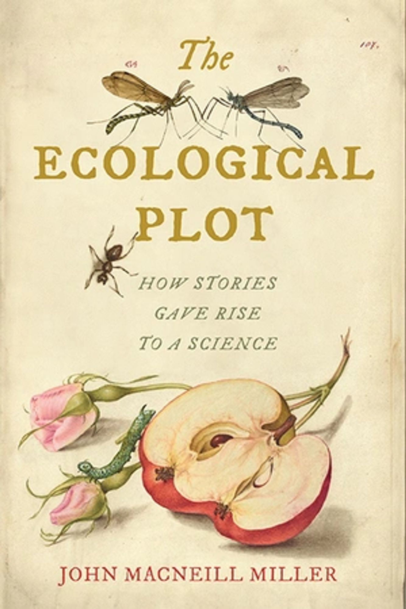 book cover with image of a sliced apple and two rose buds. Two dragonflies and an ant at top.