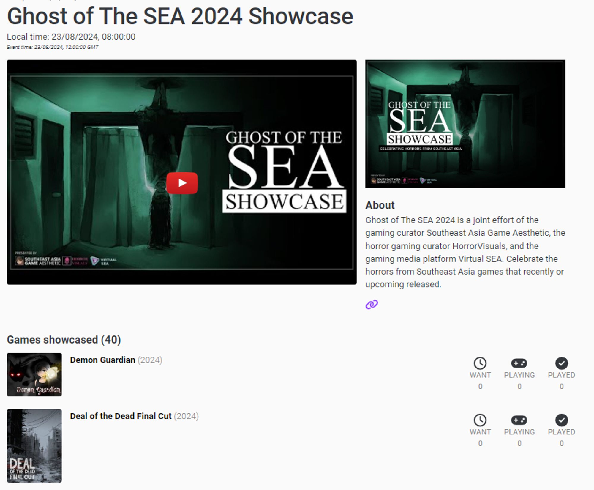 A página do evento do Ghost of the SEA, que incluem Demon Guardian e Deal of the Dead Final Cut no topo da lista.