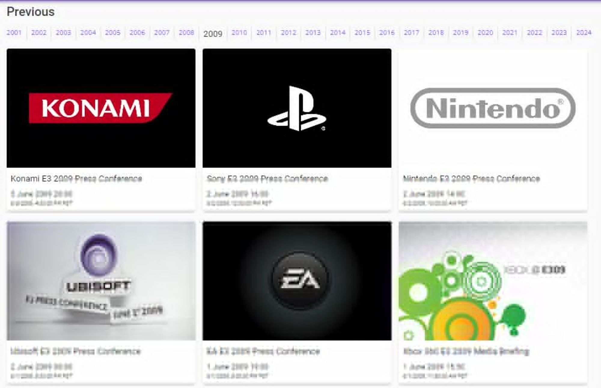 Lista de eventos de 2009, na imagem aparecem o da Konami, Sony, Nintendo, Ubisoft, EA e Xbox.