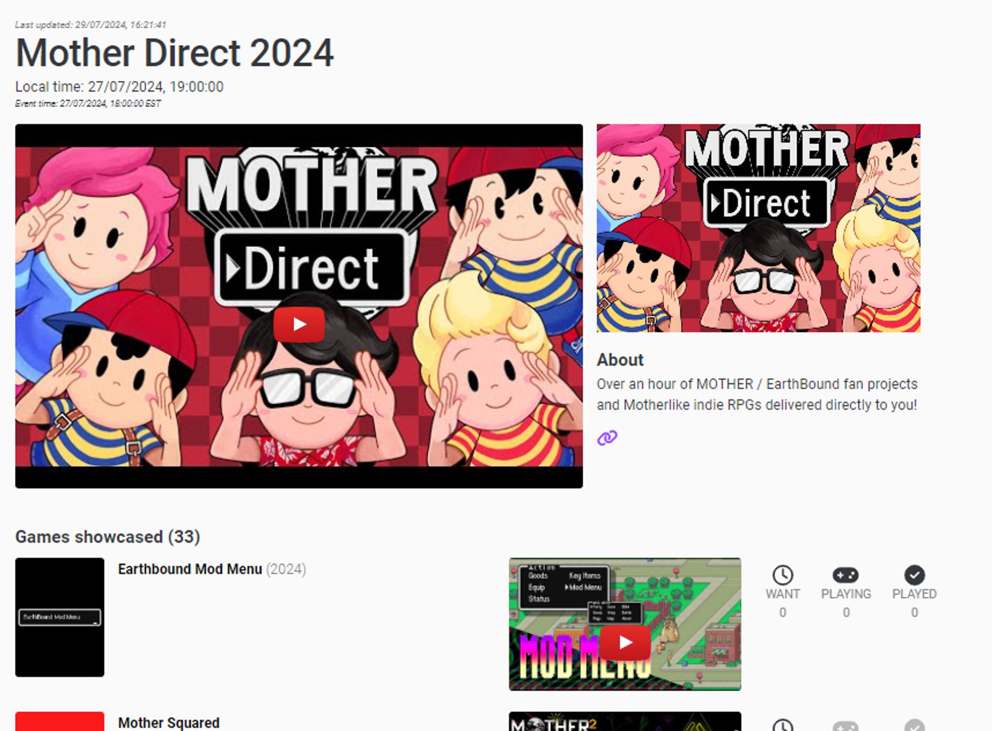 A página de evento do Mother Direct, um evento de fãs com fan-games de Mother e de RPGs em geral, com o Earthbound Mod Menu e Mother Squared no topo.