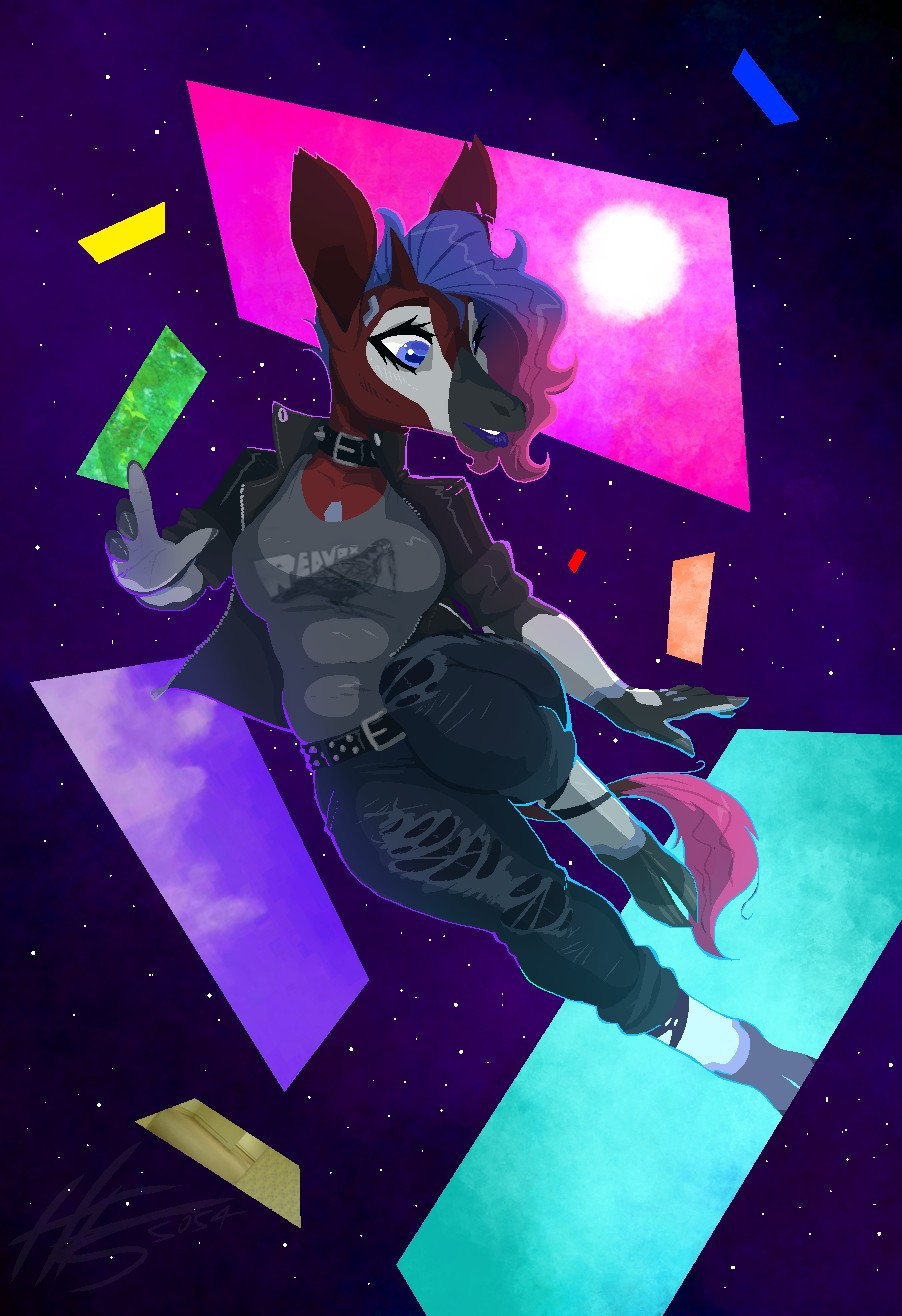 An anthropomorphic female okapi floats through what appears to be space, between an array of rectangular portals leading to different places. She is dressed in a punk-like style, with a graphic tee, leather jacket, and tights with torn jeans overtop.