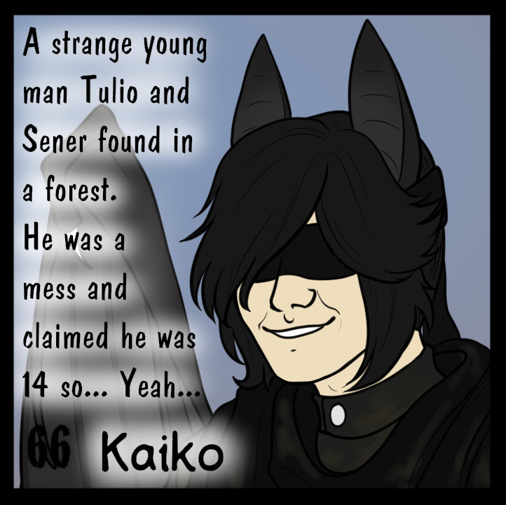 A headshot of my character, Kaiko, in his modern incarnation. He has pale skin, long, black hair that is scruffy at the front and on a long ponytail in the back. He wears a blindfold and Has bat ears and wings. He mostly wears black clothes that tend to be caked in mud and dust because he runs and jumps and rolls about a ton with the help of his sonar abilities.