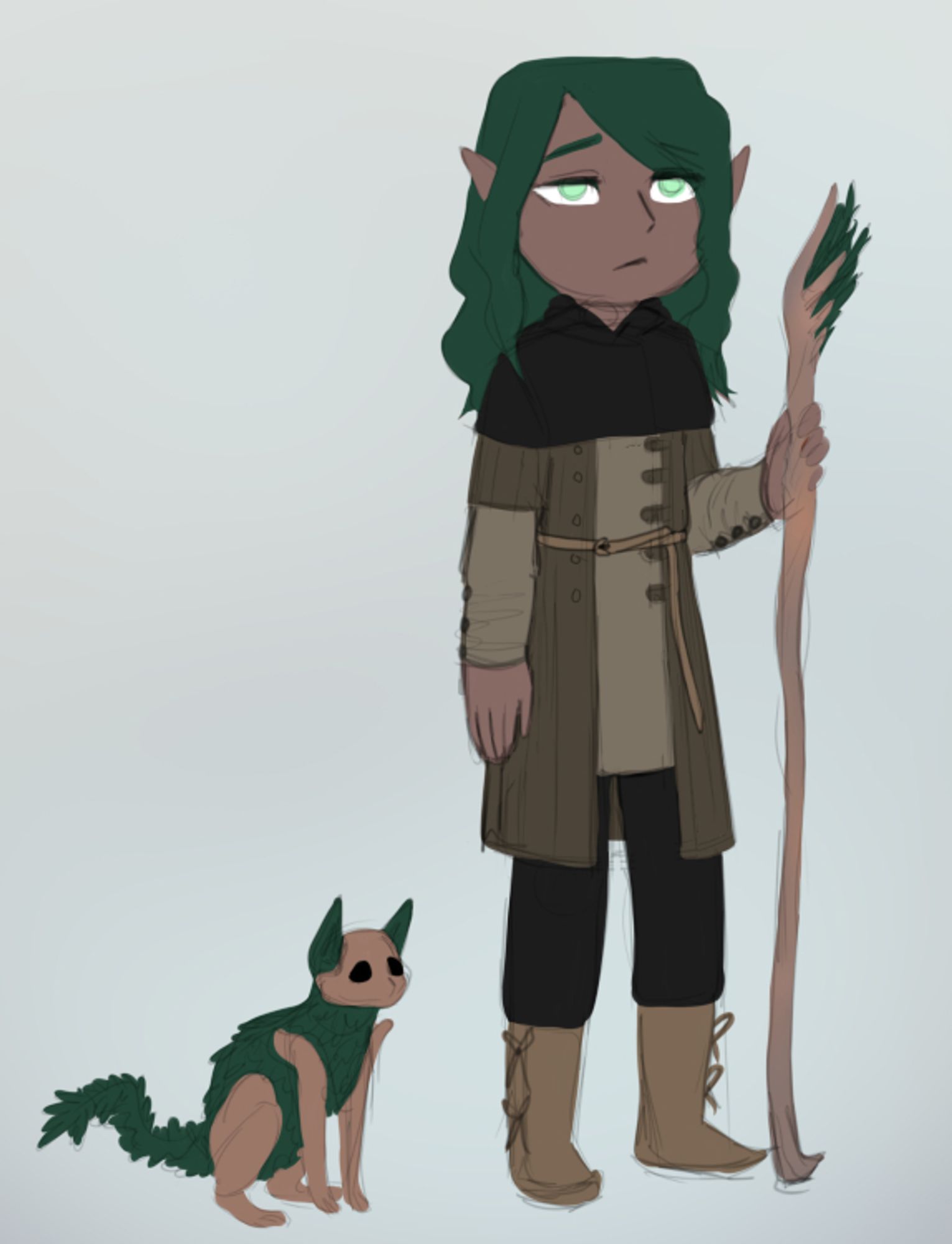 A chibi sketch of Ino. He's an elf with brown skin, long dark green hair and simple clothes fit for a woodcutter. A linen tunic and a brown gambeson are more than enough for his mission. He wields a pine wood staff with a bunch of pine needles at the top and is accompanied by a cat creature made of wood and pine needles.