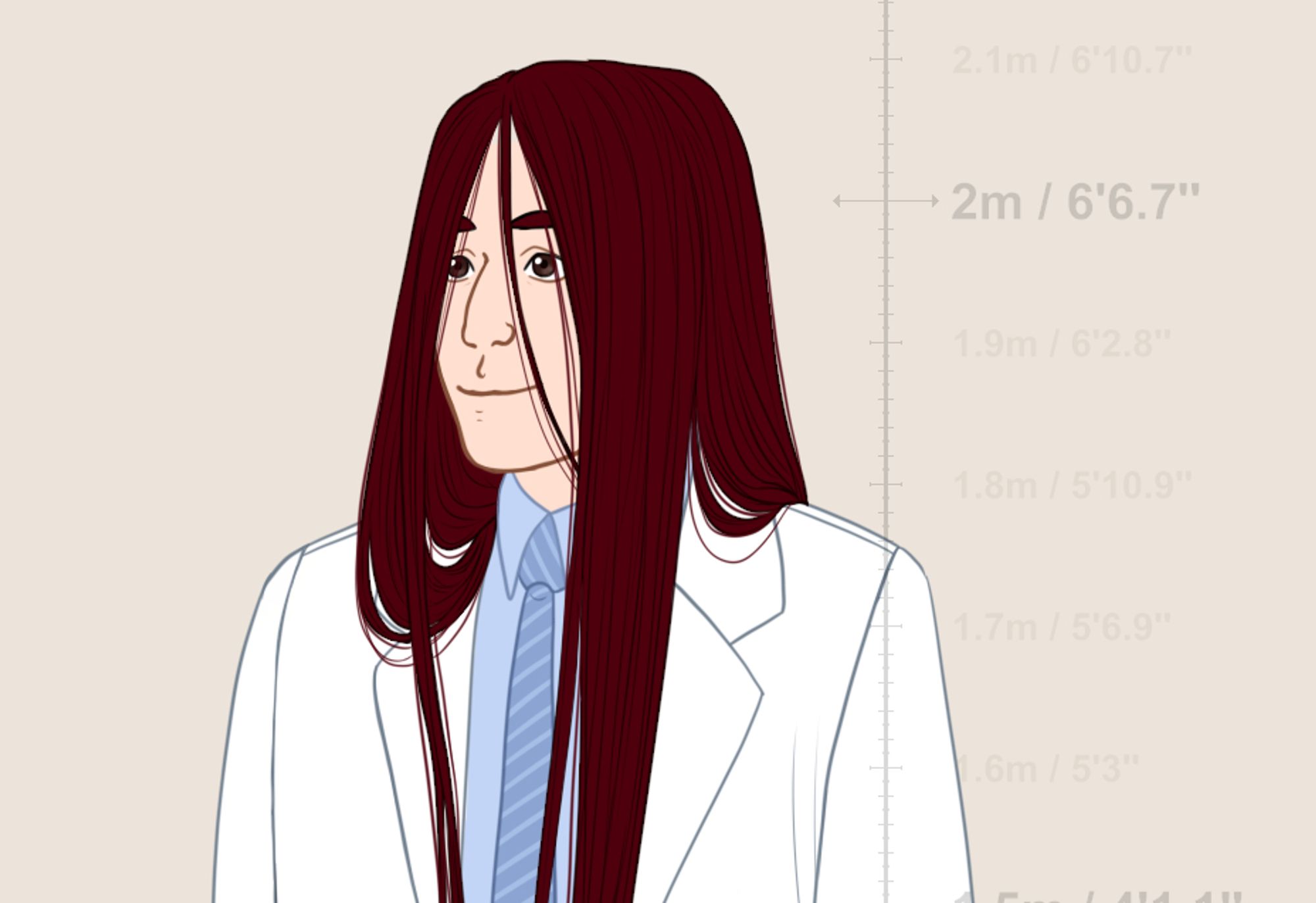 A digital portrait of my character, Doctor Sheridan. He's a very tall guy with fair skin, extremely long, dishevelled dark red hair and brown eyes. He wears a lab coat over a blue button-up shirt and a blue tie with stripes.  He has a very neutral expression here as this is supposed to be the default expression for his visual novel sprite.