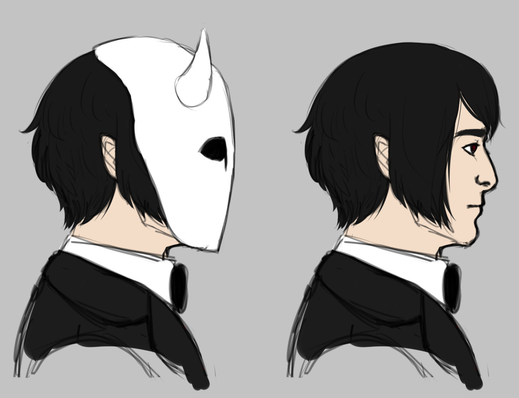 A profile reference for my character, Cole. He has fair skin, short black hair and wears a black suit with a black bowtie. His work uniform includes a white mask with horns and blacked out eyes.