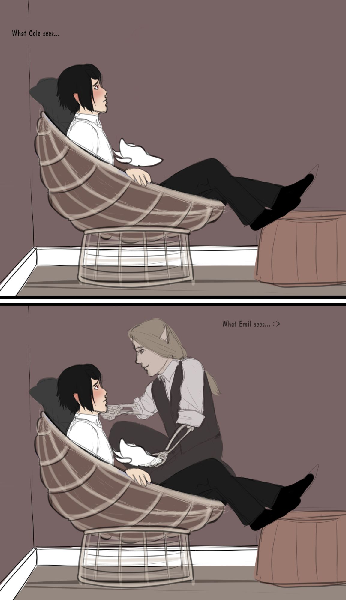 Two versions of one drawing. Cole is a guy with fair skin, short black hair and short elven ears. He wears a white dress shirt and black pants as he sits in a basket chair, his feet resting on a foot stool. His face is flushed bright red as he stares wide-eyed at... nothing at all? A white mask hovers over his belly.
The second image reveals that there is another person in the scene, an elven ghost with long, blond hair with a black vest and white shirt. His name is Emil and he kneels next to Cole in the basket chair. he's the one holding the mask in his hand and his other hand gently lifts Cole's chin up so their eyes could meet. Well, from Emil's point of view, they would, as Cole indeed can't see Emil at all. Not unless he gets to wear that mask. But he can still feel Emil's weight against the side of his thigh and Emil's skeleton hand on his chin.