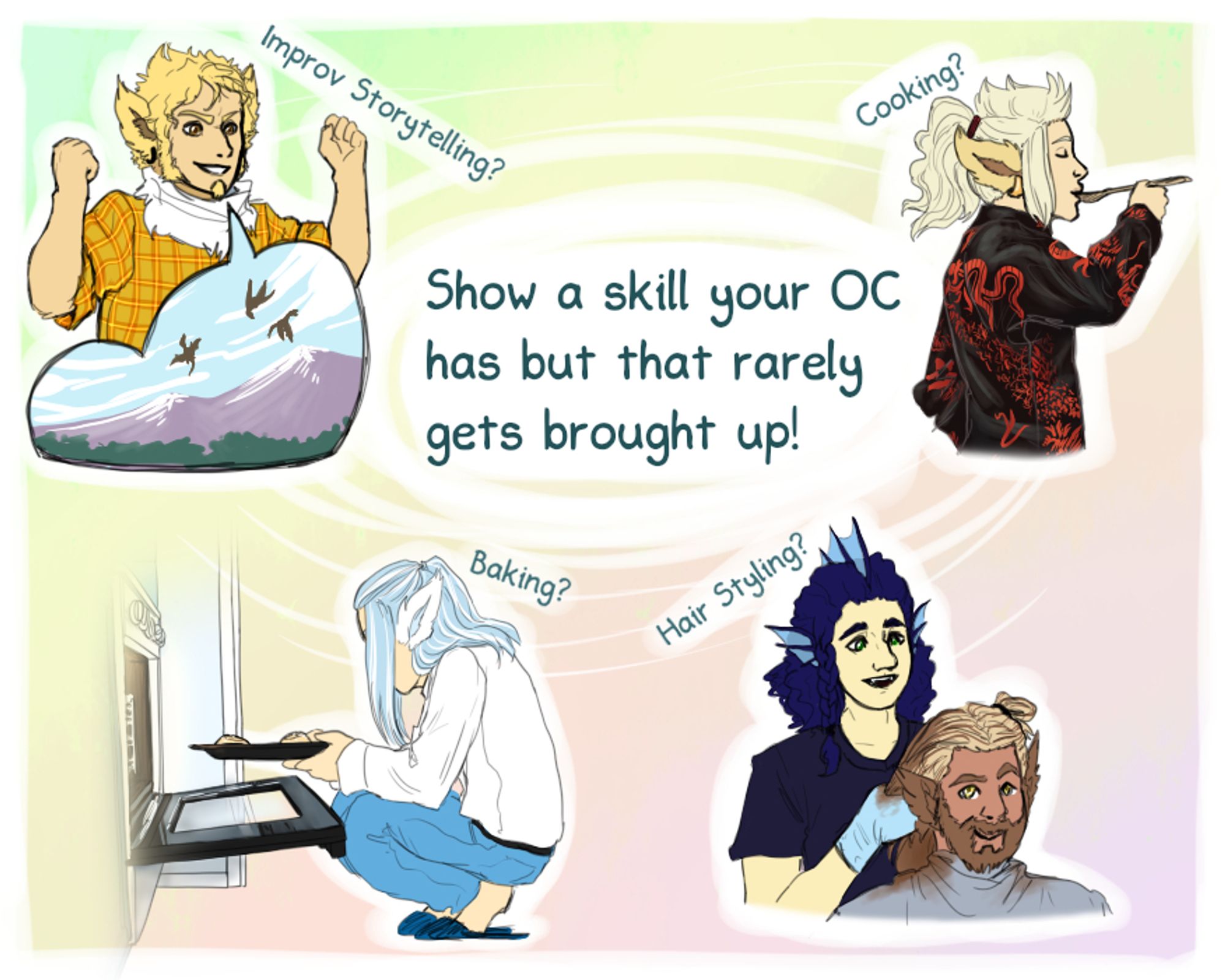 A graphic for an art challenge. Show a skill your OC has but that rarely gets brought up. It features four examples from my cast ranging from improv storytelling to hair styling.