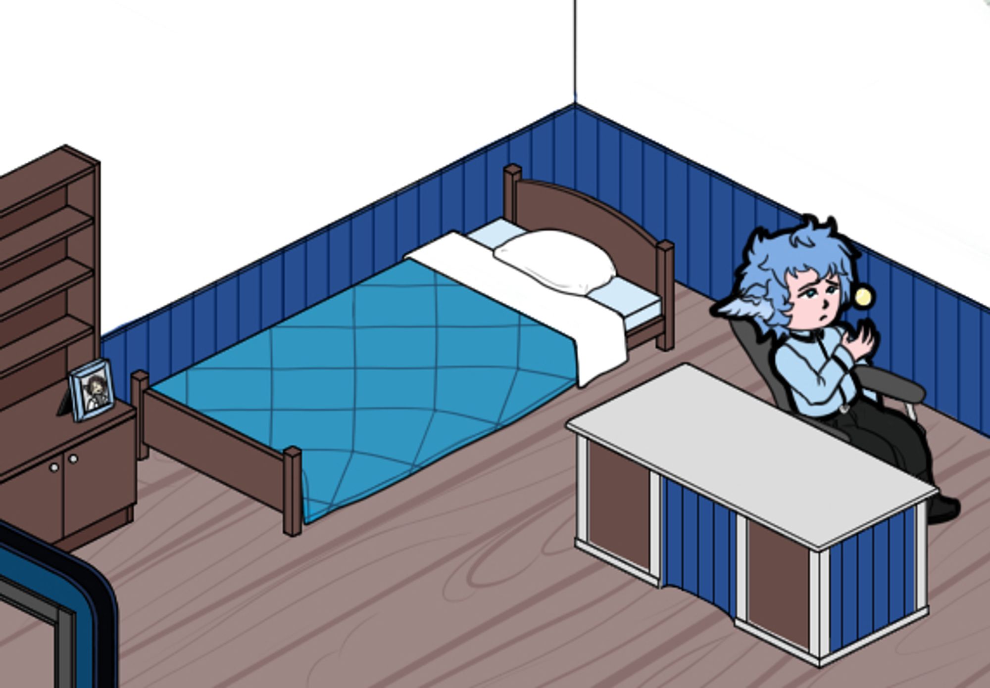 An isometric scene for my RPG project. Chase is a cleric with short blue hair, small wings for ears and a blue button-up shirt. He sits in his office chair, leaning back behind his desk and throws a tennis ball in his hand. He looks sad and lost in thought. The rest of his room includes a bookshelf with a photo of an old friend and Chase's bed. Talk about a home office!