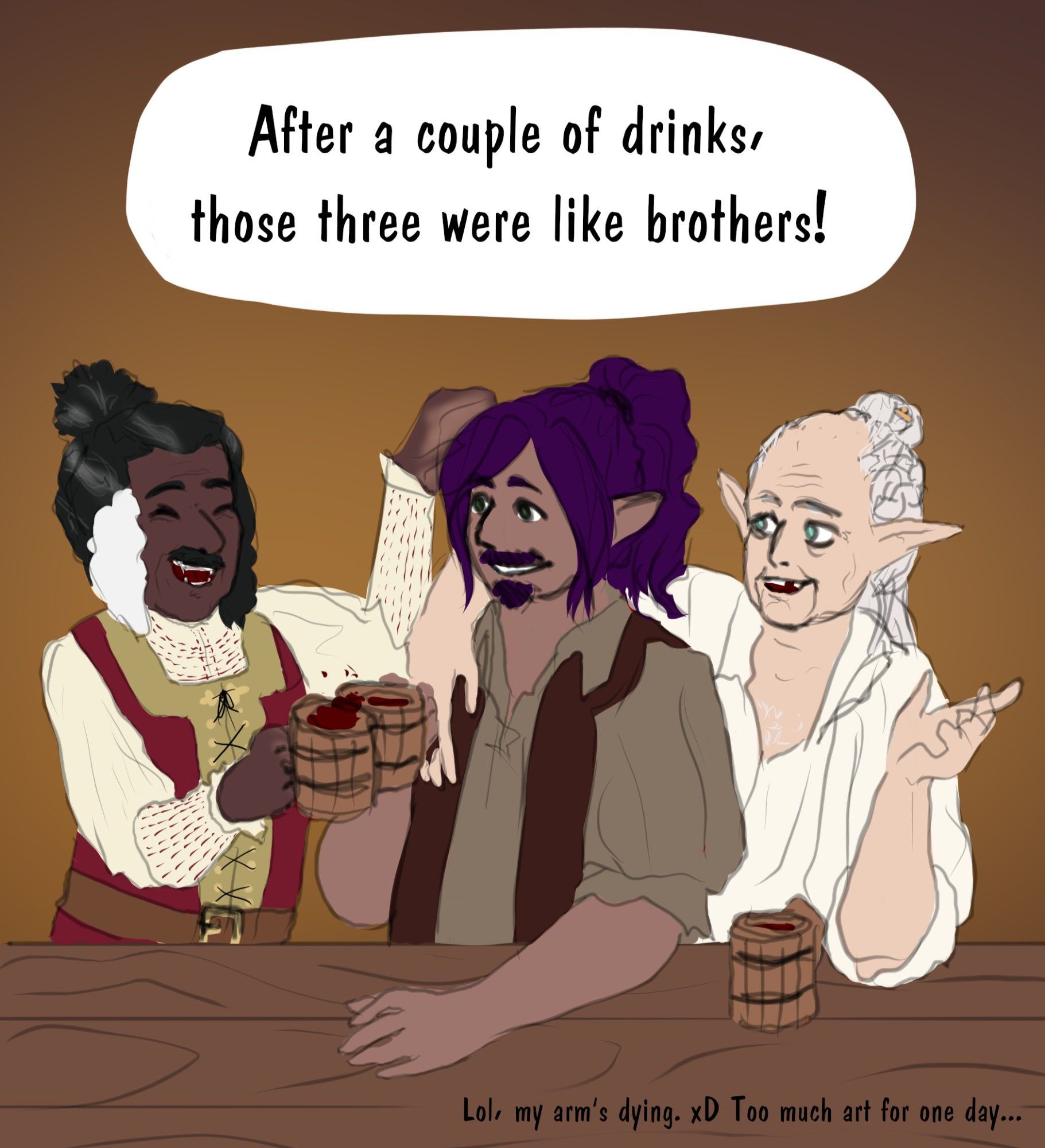 A digital sketch of three medieval fantasy men having drinks at a tavern. On the left is a jolly middle-aged guy, Geoffroi the reeve, a black man with slightly graying hair, a moustache and floppy spaniel ears, one white and one black. He wears quite fancy clothes as he's nobility.
In the middle is Vardan, the comic's main character. He's an elven man with drown skin, long purple hair and a simple but tidy leather vest over a linen shirt. Here Vardan is in his late twenties or early thirties and his grandfather sits behind him, one arm playfully over vardan's shoulder. The grandfather has fair skin and long, gray hair, most of which is tied up into a bun with a bronze hair pin, despite the top of his head being bald. He wears a baggy white shirt and looks playful despite his old age.