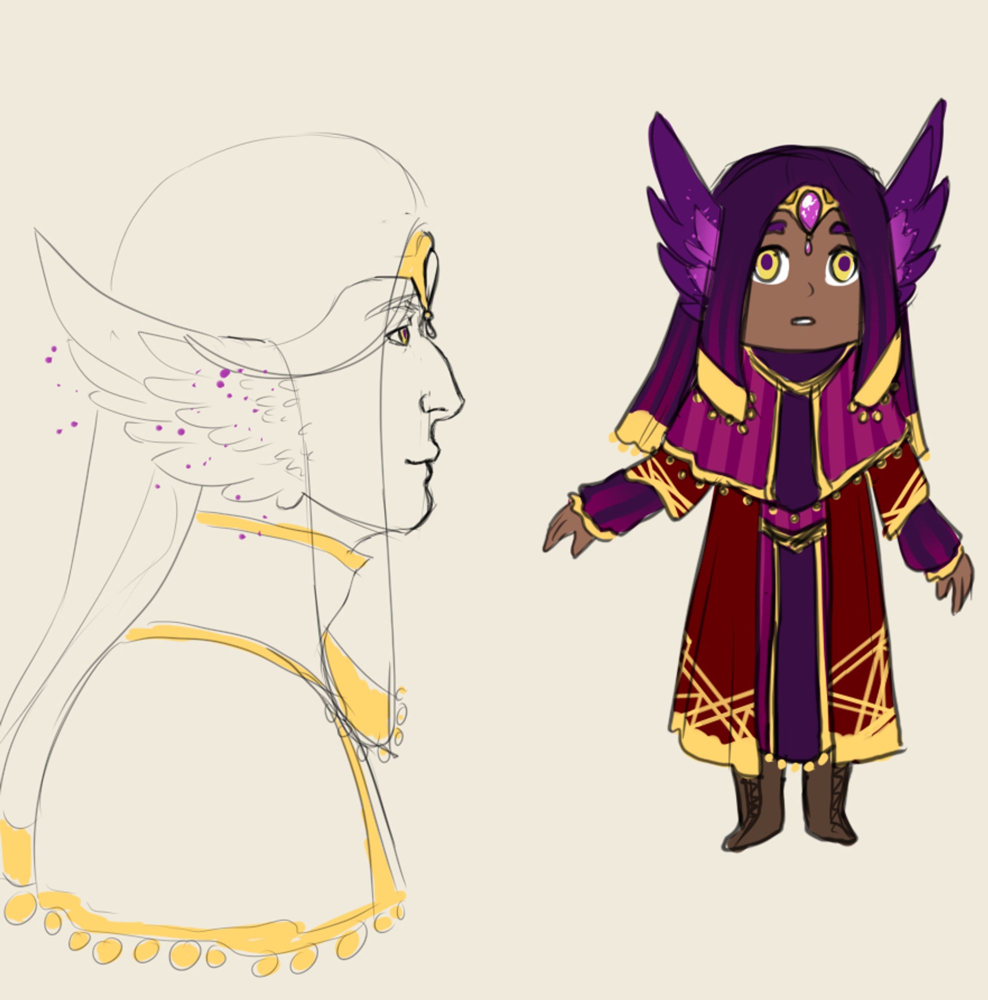 A chibi and a profile headshot of my character, Sanduri. He has brown skin, yellow eyes with purple pupils and large feathered ears with purple and pink feathers and pink embers rising from them.
He wears decorative and multi-layered robes in purple, pink and red with golden highlights.