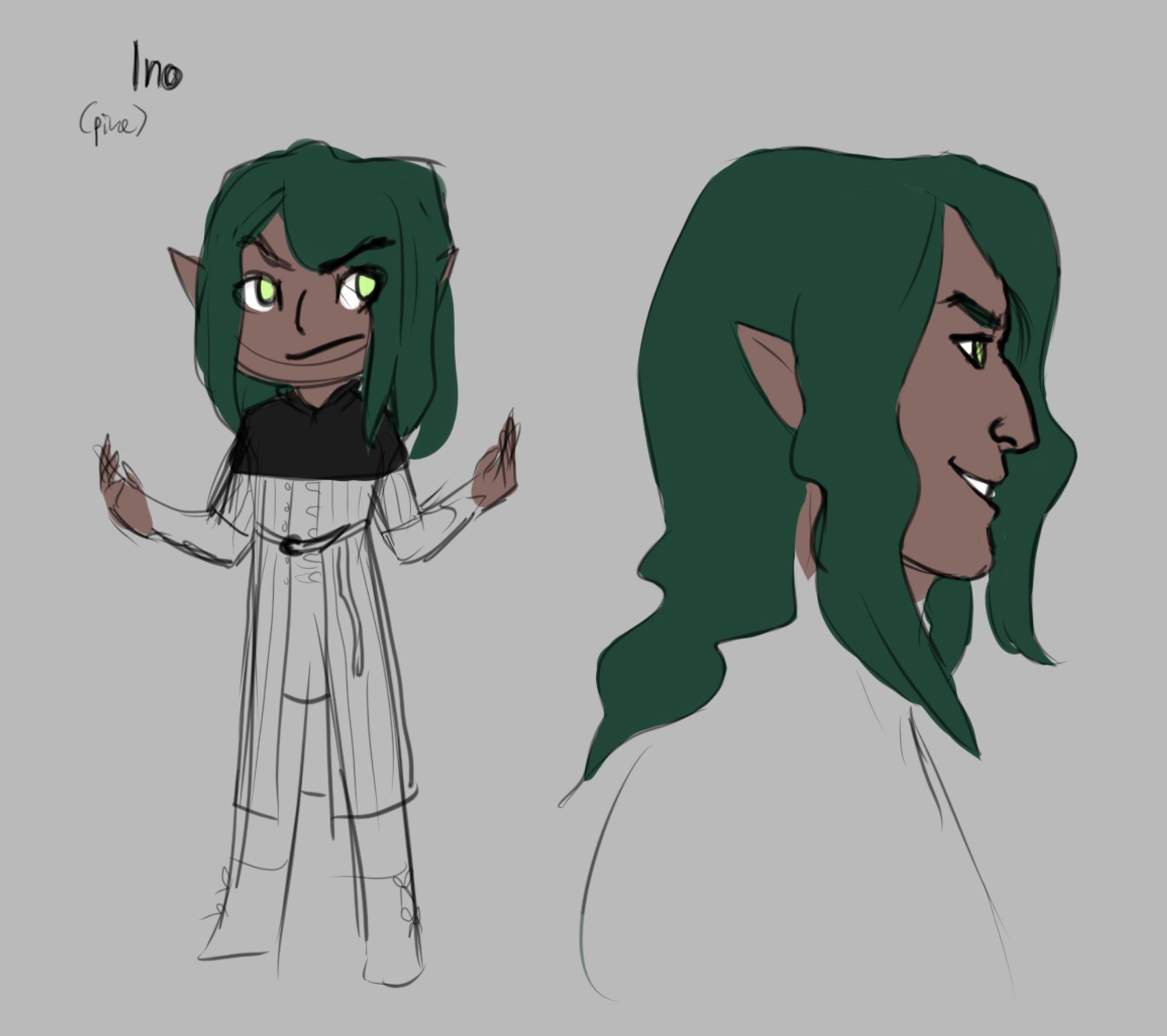 More refs for Ino. One is an unfinished chibi while the other is a profile view of his face. He has a hook nose and grins menacingly. Wonder what he's thinking about...