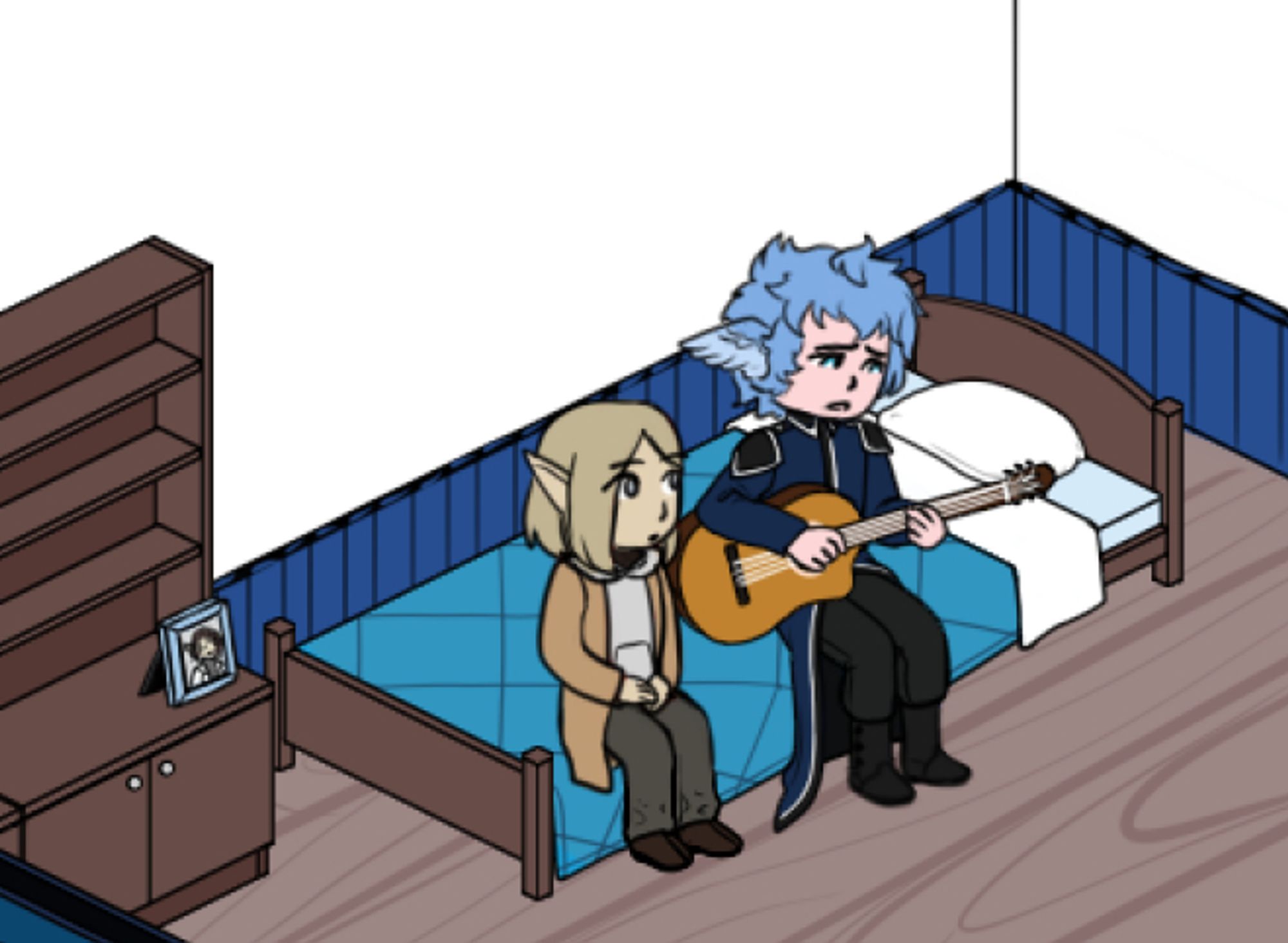 A work in progress shot of an isometric scene for an RPG. A short, blond elf called Devon and a tall blue-haired and wing-eared cleric called Chase sit on the bed in Chase's room. Chase holds a guitar, like he's about to play it, but for now he just tells Devon the story about the guitar. Chase looks down with his brows furrowed as if sad. Devon listens and is mildly worried where this will go as he hasn't really seen Chase like this before.