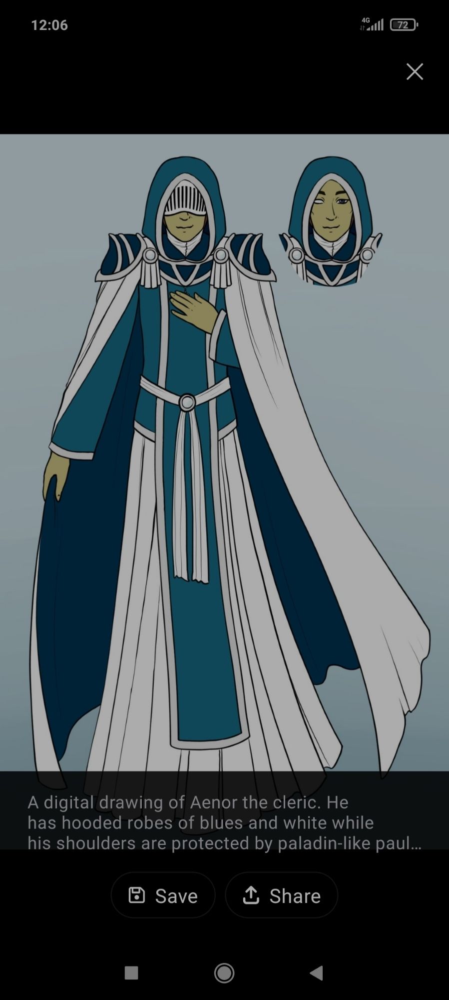 A reference for my character, Aenor.
He has white-and-blue cleric's robes, a cape, paladin-like pauldrons and a mask with many vertical slits resembling a cartoon knight's visor.