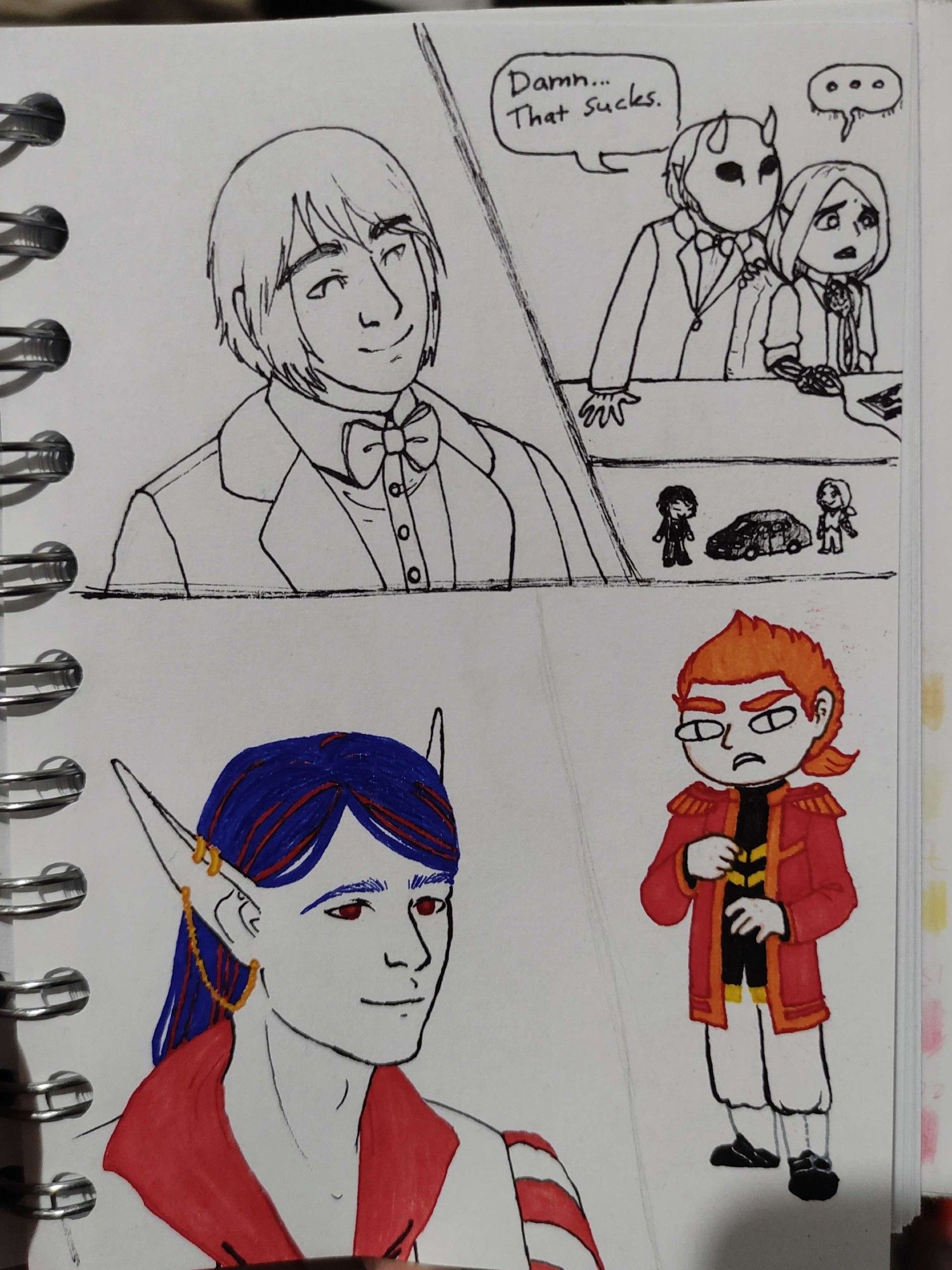 My unfinished pen doodles from my last trip this summer. All are my characters in fairly basic poses as I was just practising using pens but then realized I didn't have all the needed colours to finish them! In one doodle my characters, Emil and Cole, are using a computer to read up on how Emil, a ghost, died. Emil looks horrified while to Cole this is nothing special. "Damn, that sucks." is all Cole can say about that.