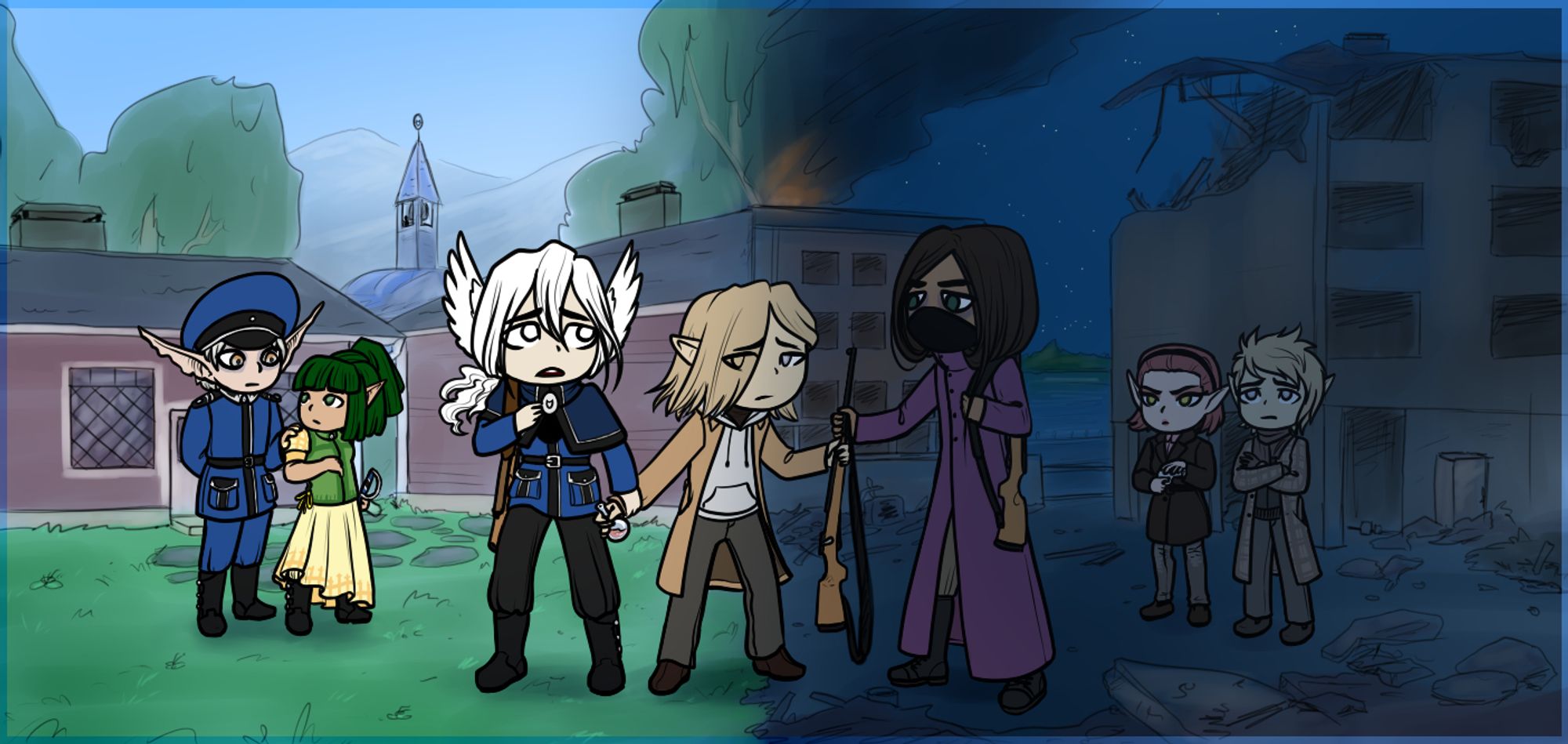 Chibi promo art for the game. Devon stands between two worlds. An idyllic small town and a wrecked big city. A white-haired young man, his romantic partner, holds him by the wrist and fearfully tries to pull him back into the small town but Devon looks back, his eyes full of sadness, as he accepts a rifle from a purple-coated stranger from the city.