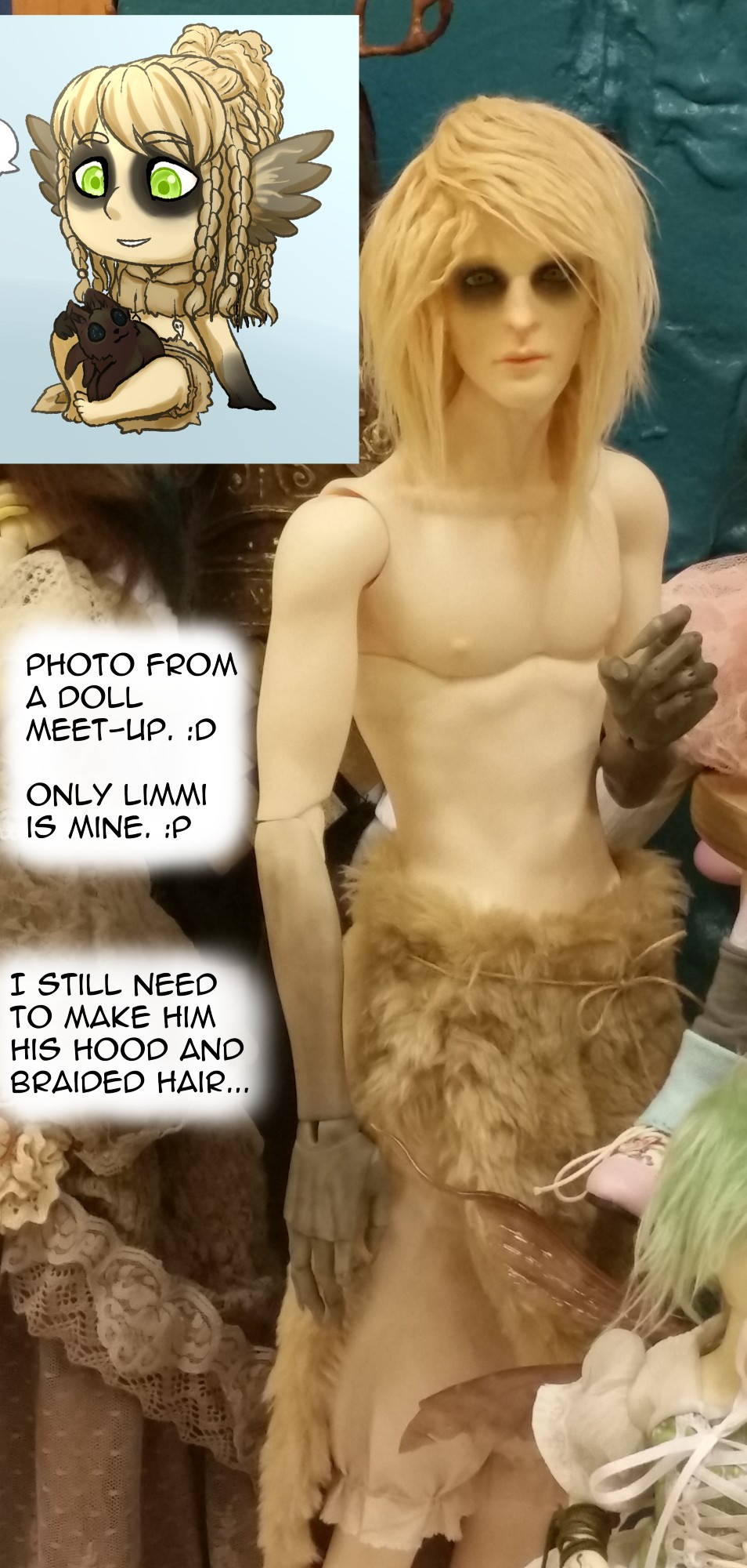 A photo of one of my ball-jointed dolls, Liminka. He's a tall, pale fellow with blond hair, tan fur tied around his waist for clothing and a sooty black fade on his arms and around his eyes.