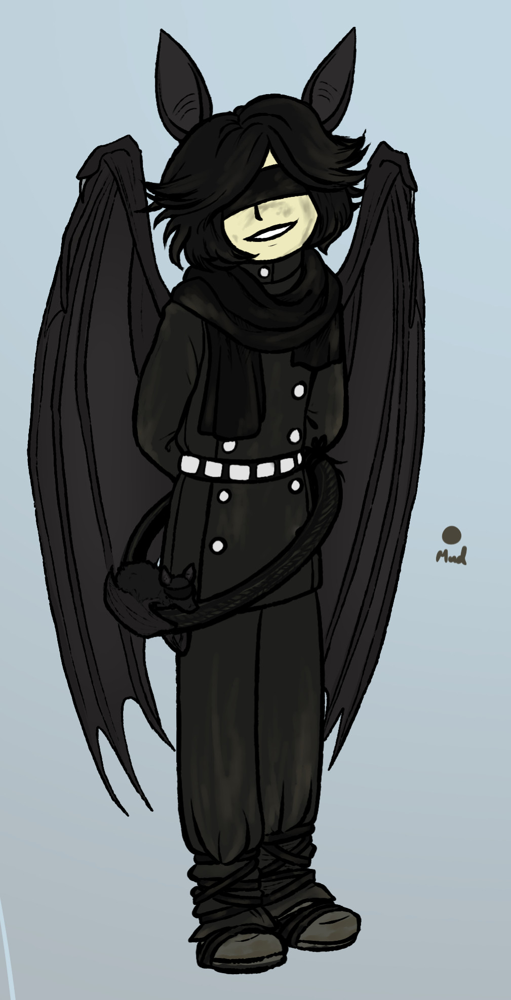 A fullbody chibi of Kaiko. He wears matching pants and jacket, a black scarf and a belt with large square metal studs. He also has a bicycle tire hanging around his waist and his beloved bat Familiar, Bebe, likes to lay on it.