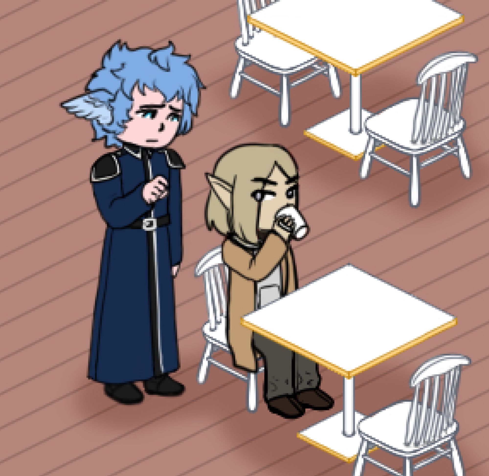 A zoomed in scene for my RPG project. The main character, Devon, a blond elf wearing a tan trench coat, sits at a diner alone. He takes a sip of a warm drink from a mug as the local cleric, Chase, a tall man with blue hair, small wings for ears and blue, somewhat military-style cleric's robes, approaches him from behind. Chase looks uncertain. He considered tapping Devon on the shoulder but decides against it, remembering how being too touchy was one of the things Devon couldn't stand. 
Devon has noticed Chase and glances back, trying to act like he hasn't noticed. He hopes Chase would just go away. But will he?